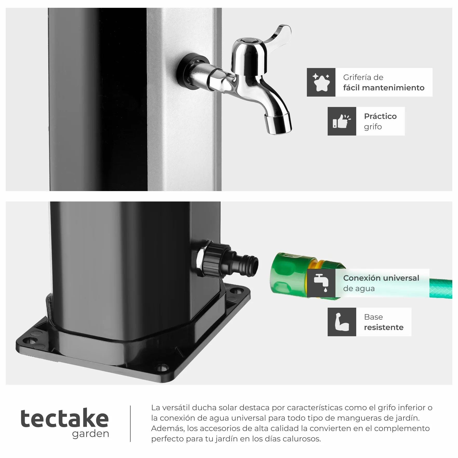 Tectake Ducha Solar Exterior 35L Negro/Plata Resistente Intemperie Alcachofa 360°