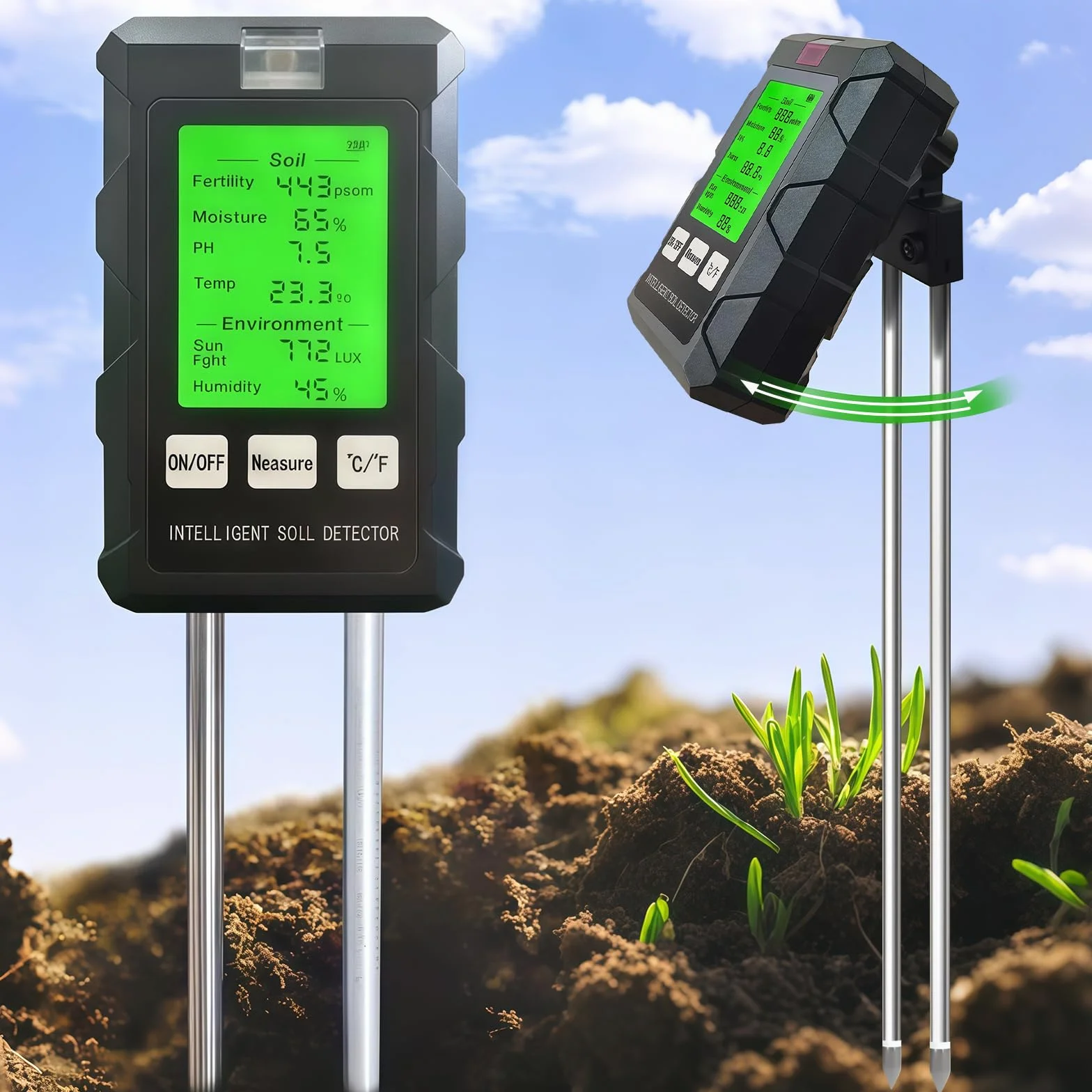GAESHOW Medidor de Suelo 6 en 1, Medidor Digital de Humedad/Fertilidad/PH/Temperatura/Luz Ambiental/Humedad Ambiental con Pantalla LCD para Jardín
