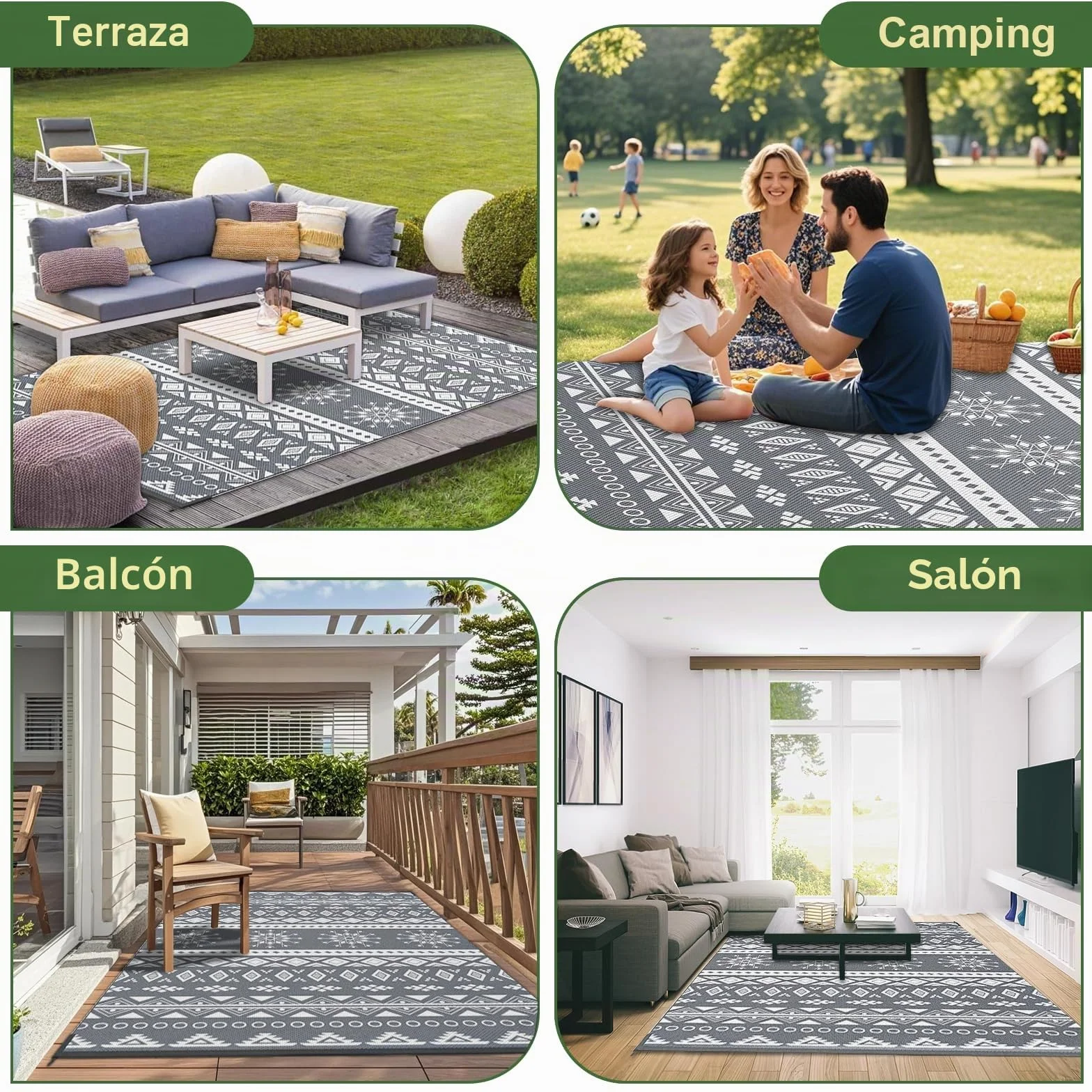 MOKANI Alfombra exterior impermeable reversible 150x240 cm plástico grande UV resistente