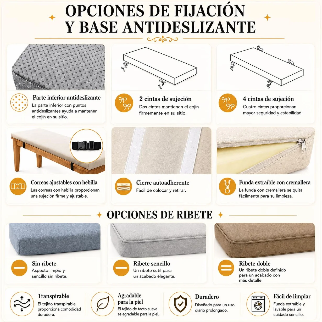 Cojines a Medida para Bancos de Madera, Palets y Sillas de Comedor | Funda Desmontable | Base Antideslizante | Grosor 4CM