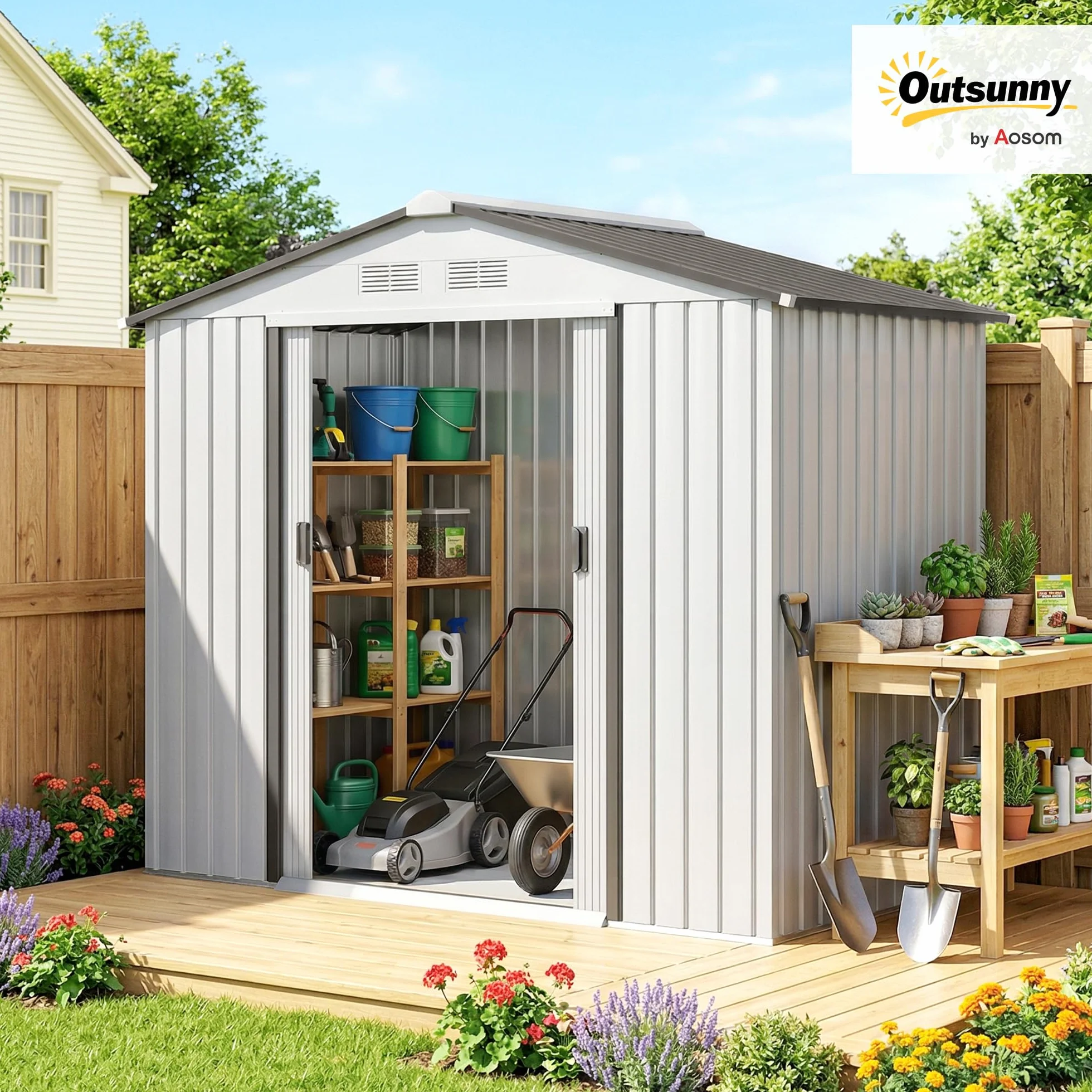 Outsunny Caseta de Jardín Exterior 2,5 m² Metálico con 2 Puertas Correderas y 4 Ventanas Blanco