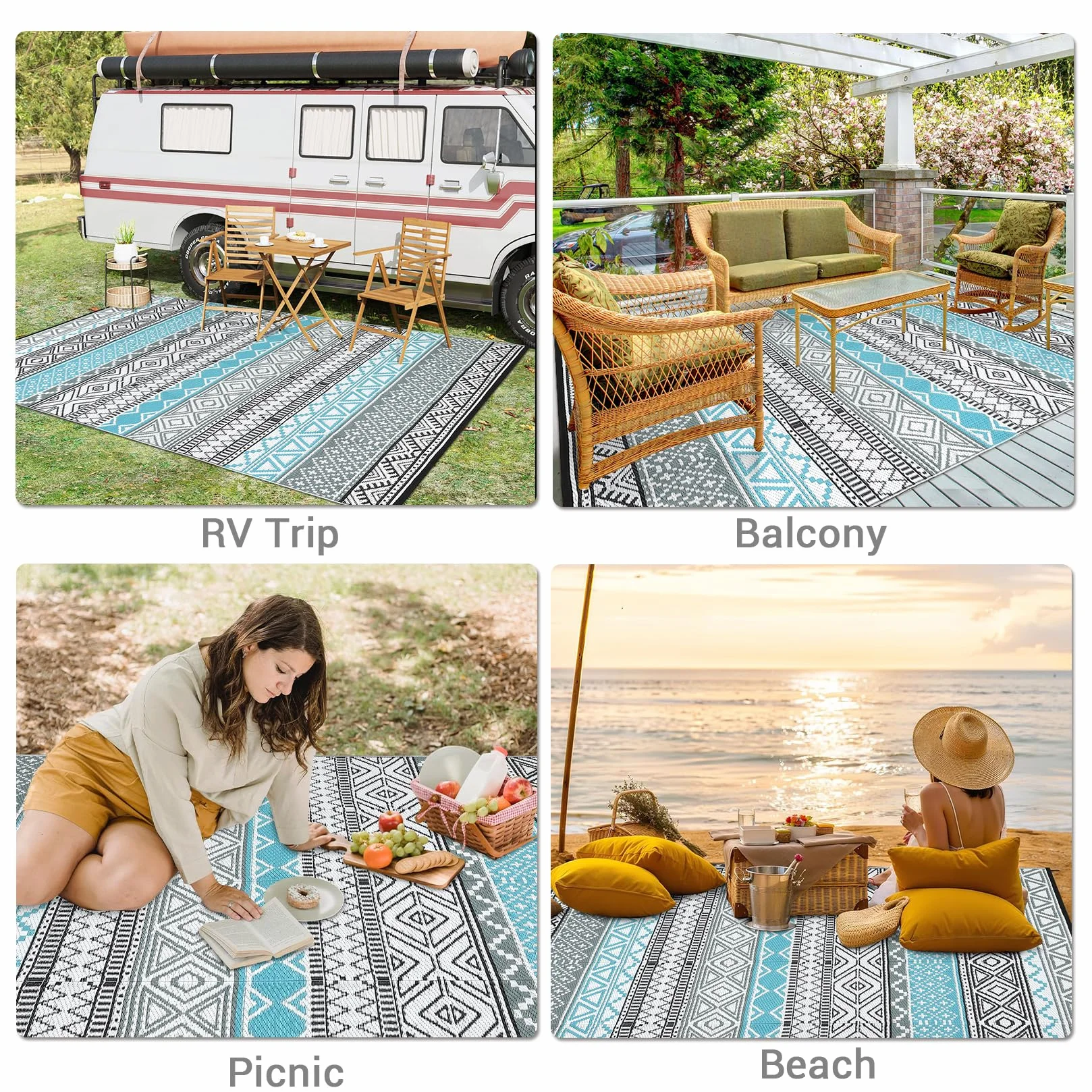 CAROMIO Alfombra exterior 120x240 cm plástico pajita impermeable reversible azul gris