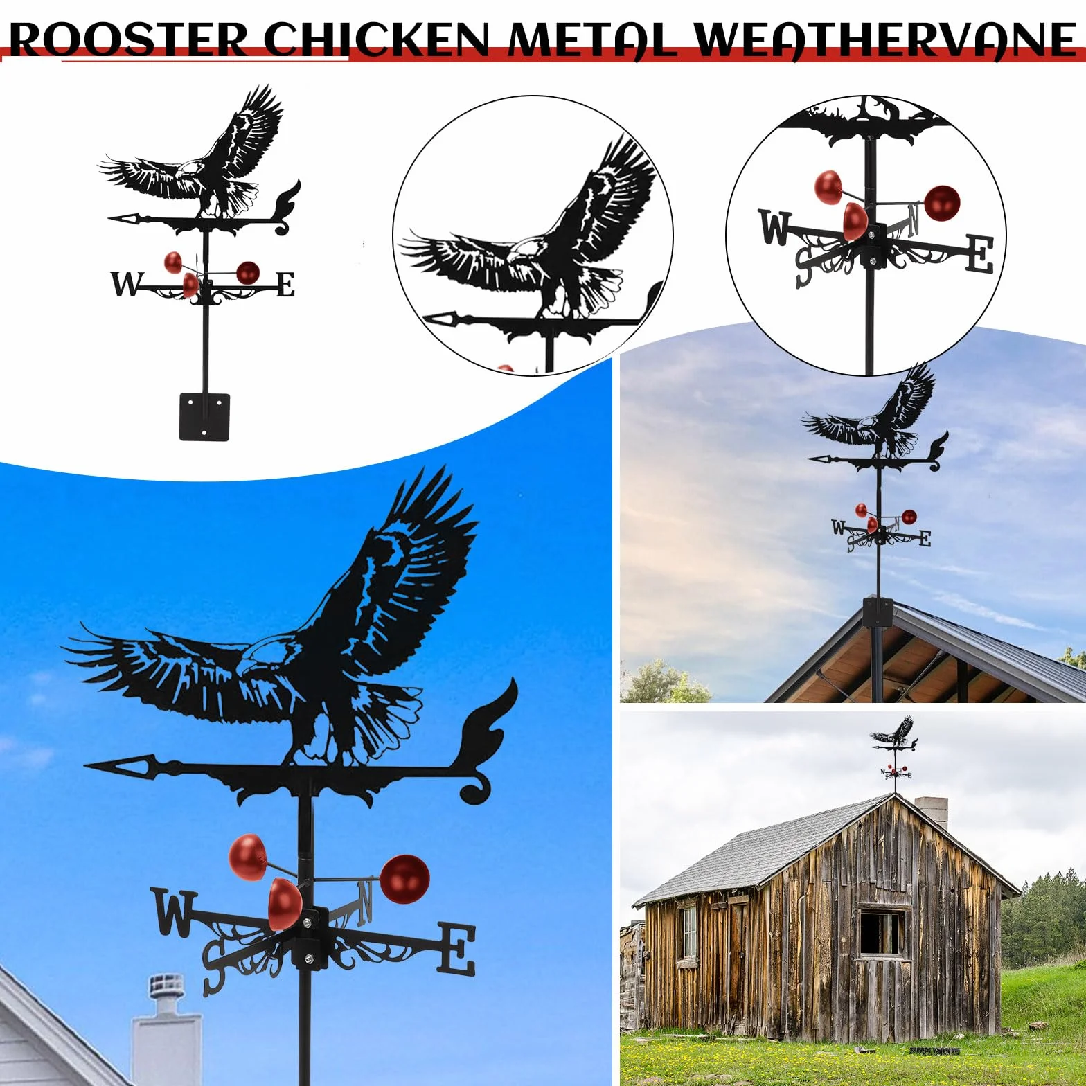 Metal Eagle Weather Vane 3D Roof Mount Outdoor Decor Garden Farm Patio