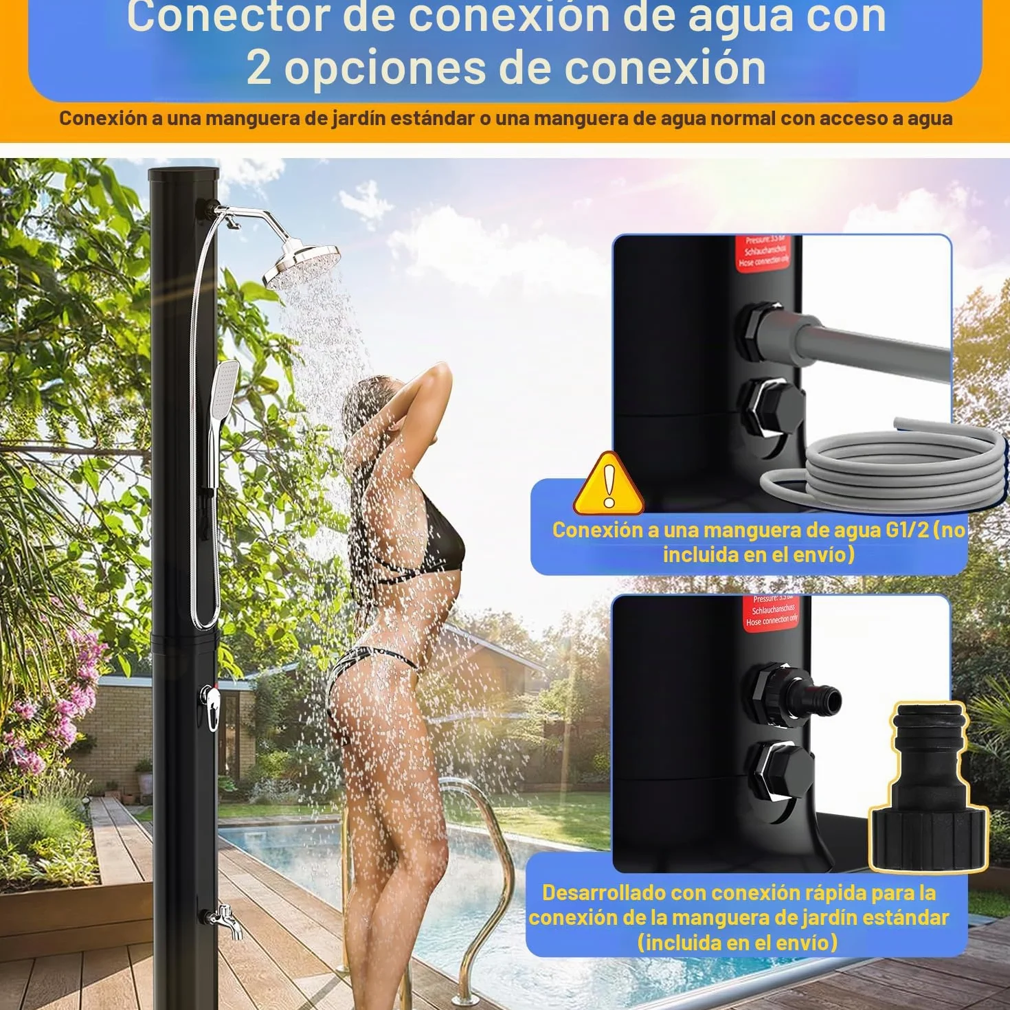 Herrselsam Ducha solar 35 L jardín agua caliente 60 °C camping sin conexión alimentación ducha pies alcachofa mano cabezal lluvia orientable funda