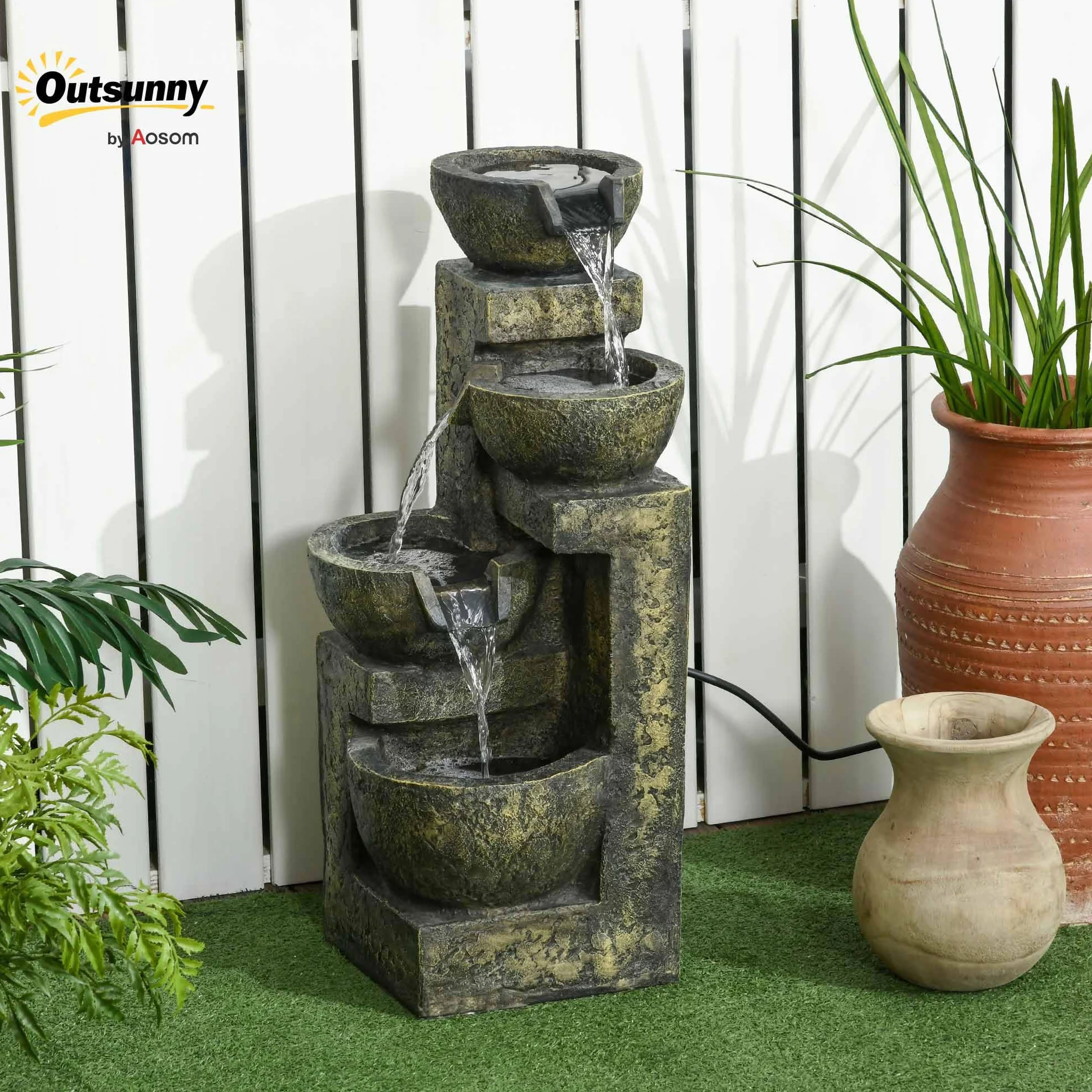 Outsunny Fuente de Jardín 5W Fuente de Agua en Cascada de 4 Niveles con Bomba de Agua y Salida de Agua Ajustable para Decoración Patio 25x24x60 cm Multicolor