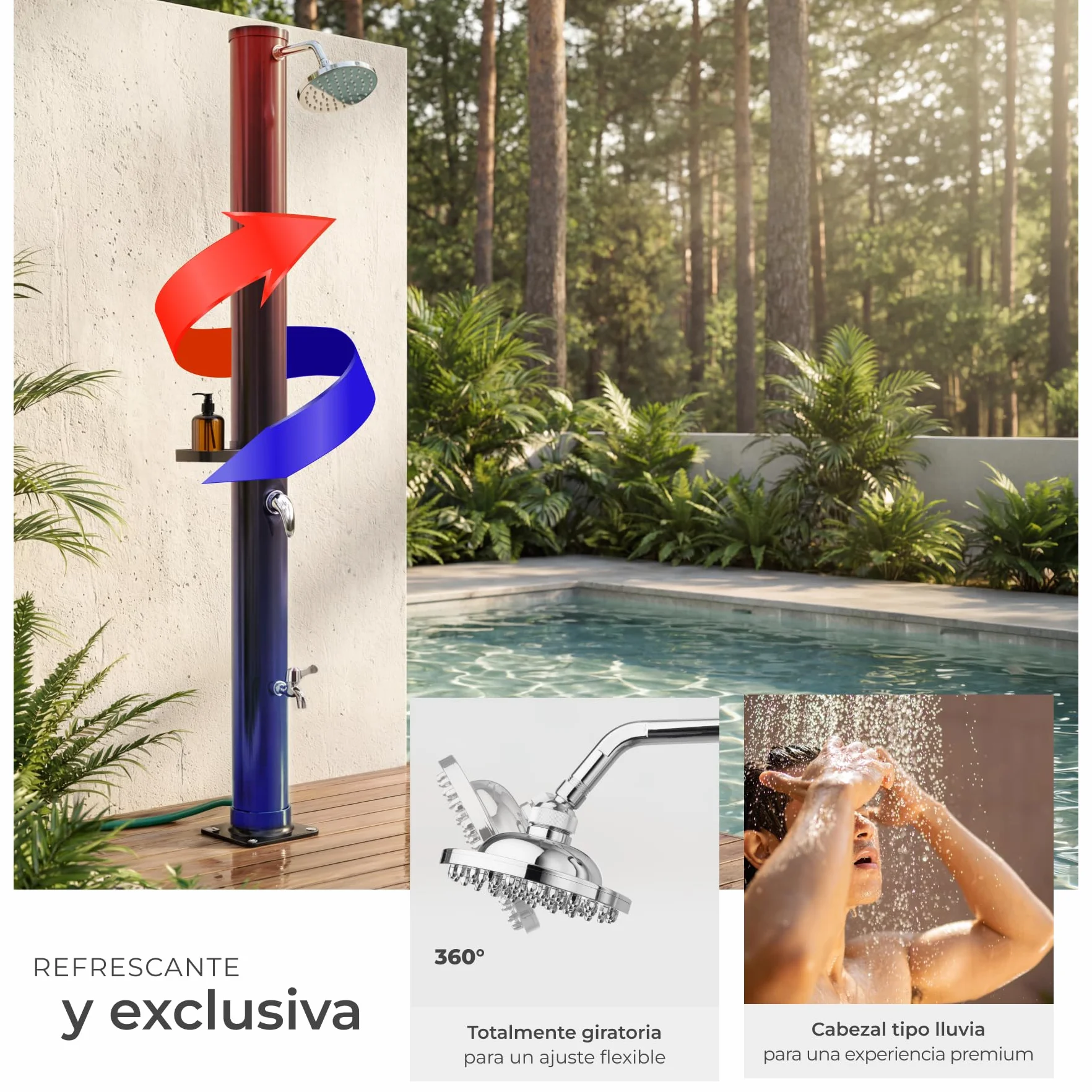 Ducha Exterior Jardin 20L Negro Resistente Intemperie Temperaturas Altas Alcachofa 360° Grifo Pies Conexión Manguera Solar