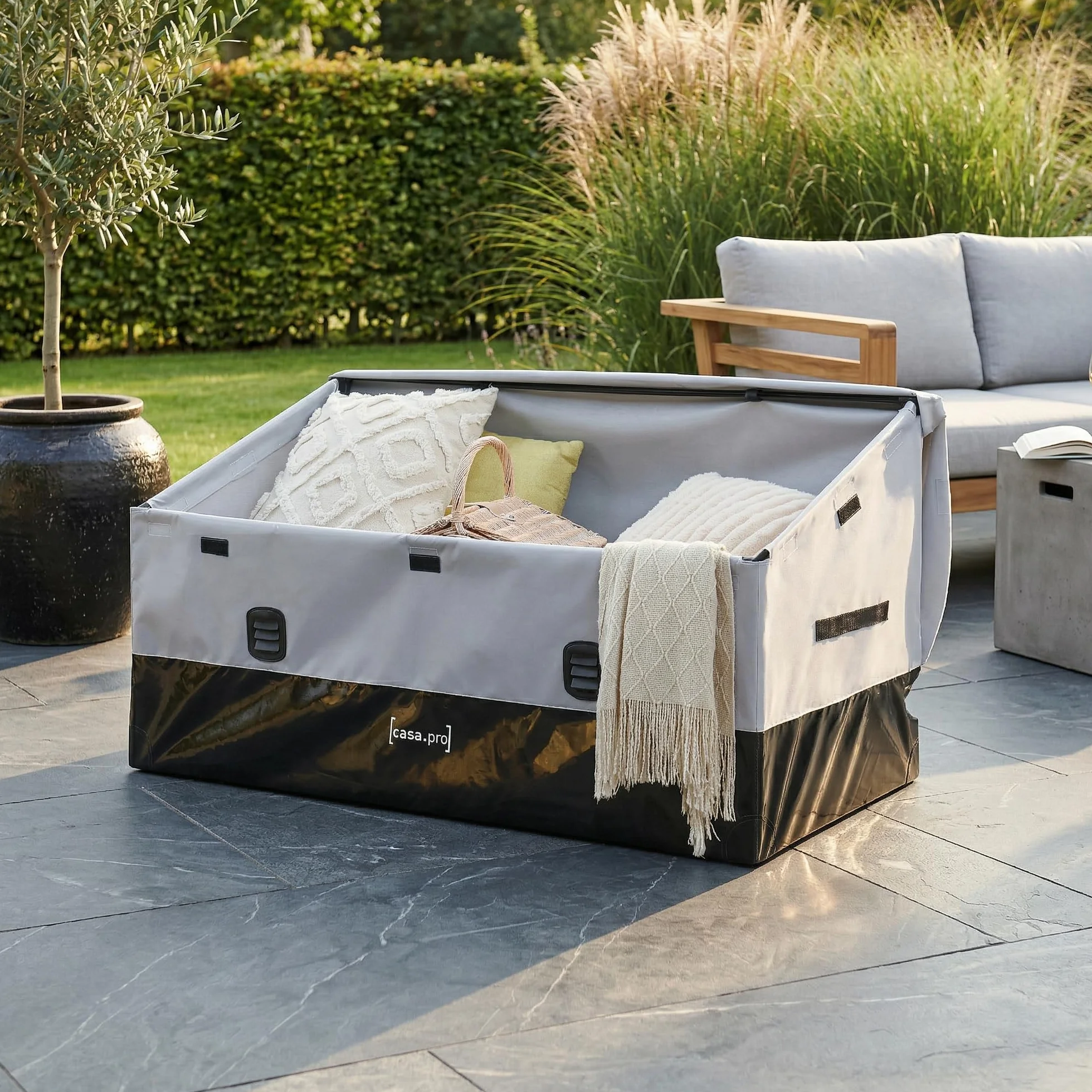 Caja de Almacenamiento Exterior Alanno 560 L Impermeable Lona Poliéster Acero 155x64x75 cm Gris/Negro