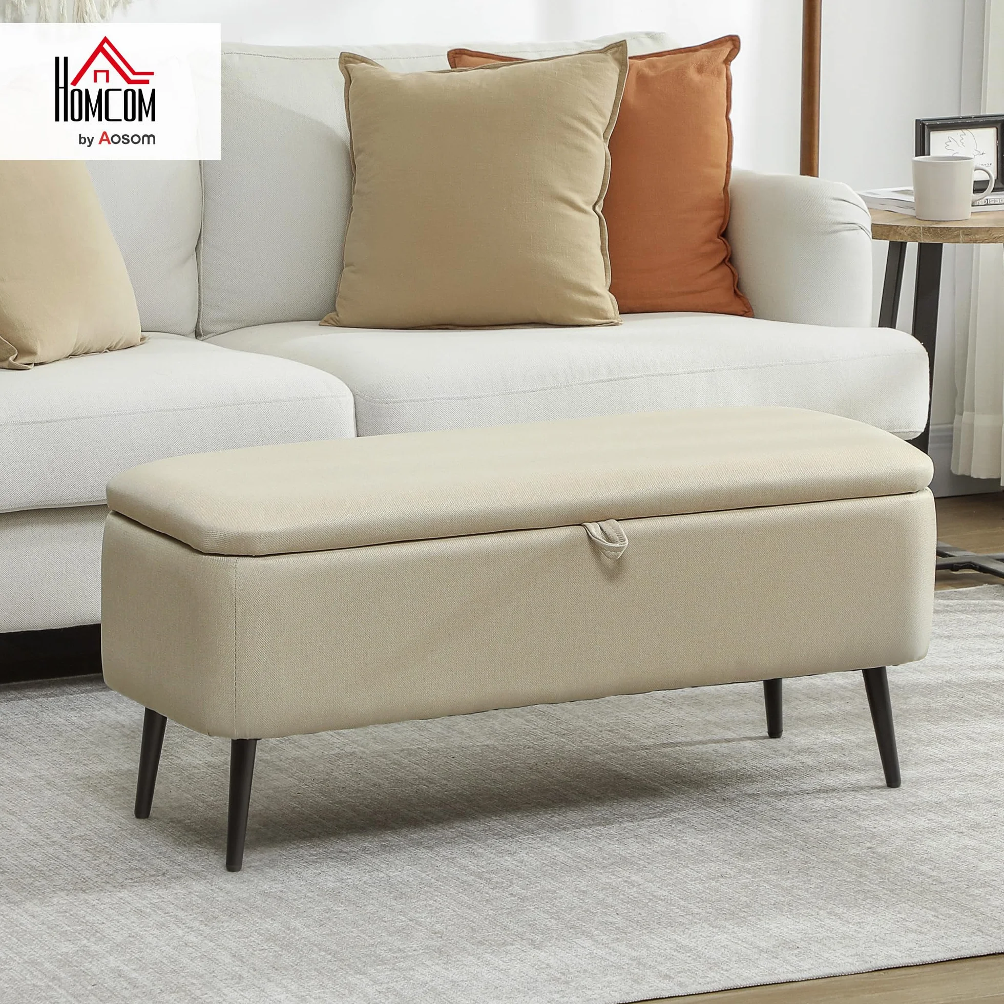 HOMCOM Banco Almacenaje Puff 61L Tapizado Lino Sintético Tapa Abatible Patas Acero 150 kg 101x38,5x44,5 cm Beige