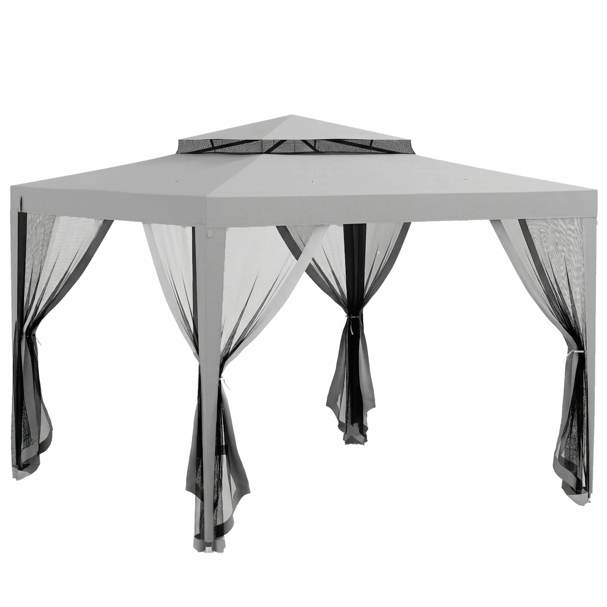 Outsunny Carpa de Jardín 3x3 m Cenador Desmontable de Exterior Gazebo con 4 Mosquiteras Laterales Techo Doble y Marco Metálico Anti-UV Impermeable Pabellón para Terraza Patio Gris