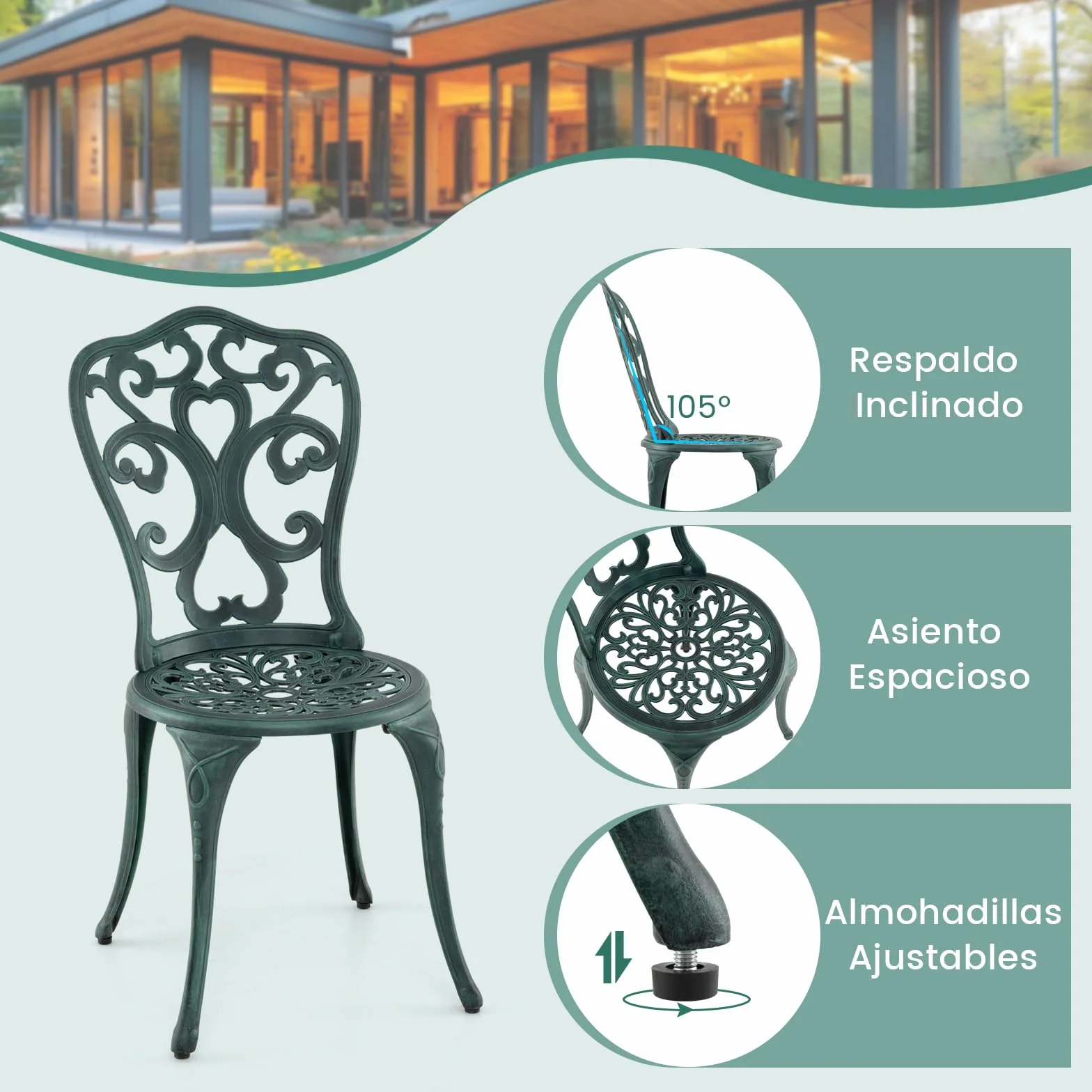 COSTWAY Conjunto Jardin Exterior 3 Piezas Sillas Mesa Aluminio Fundido Agujeros Sombrilla