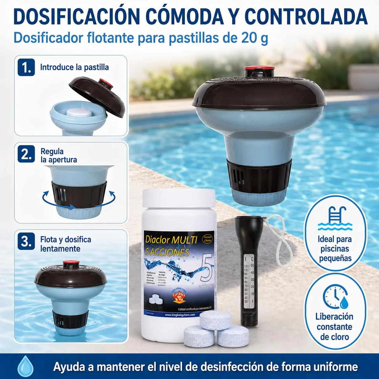 Kit Cloro Piscinas Pequeñas DIACLOR Multi 5 ACCIONES 1 KG Pastillas 20 GR SIN Cobre + DOSIFICADOR + TERMÓMETRO