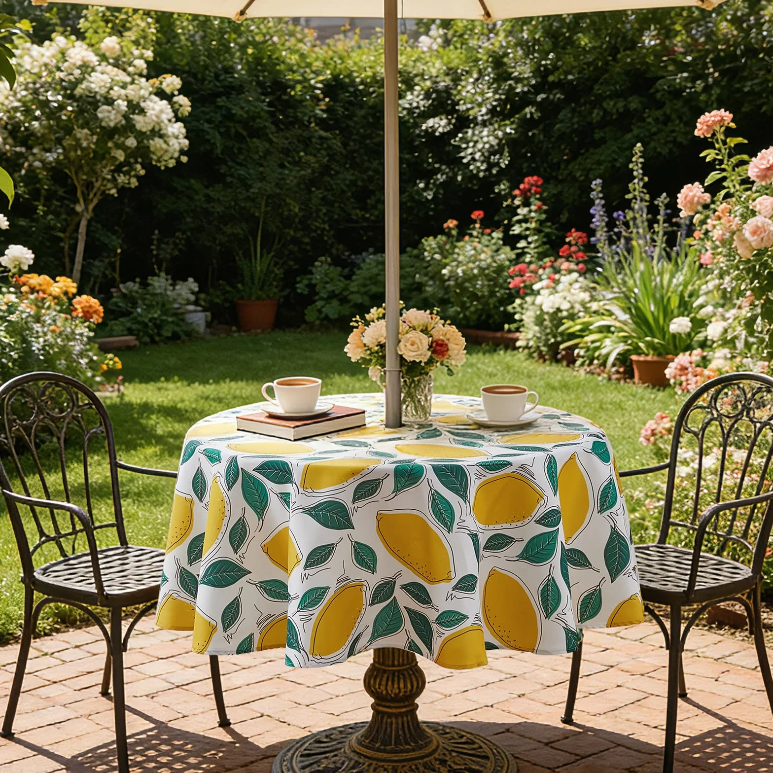 SUCHDECO Mantel redondo para exteriores 150 cm impermeable floral con agujero para sombrilla y cremallera lavable amarillo limón