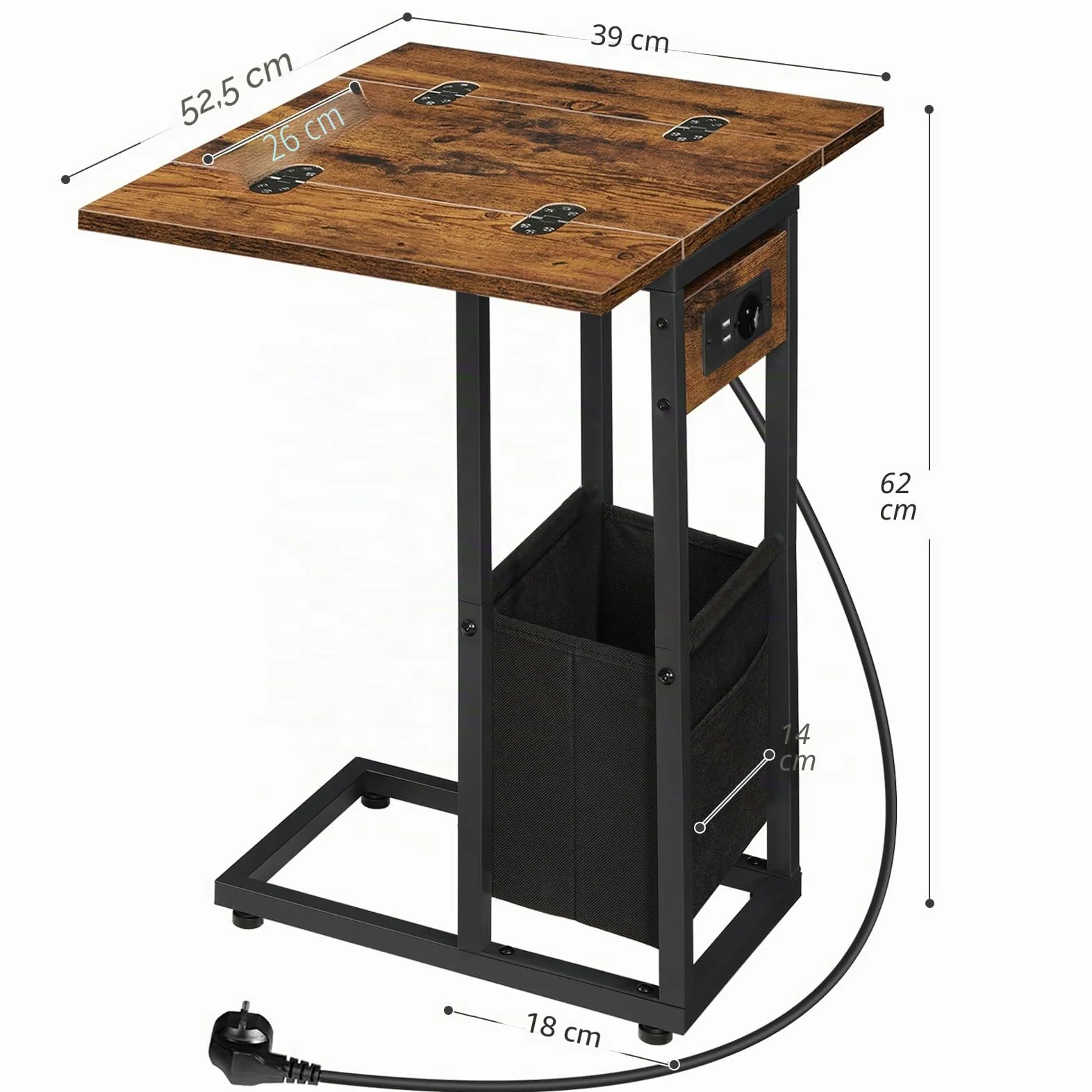 HOOBRO Mesa de Centro Plegable en Forma de C, Vintage Marrón y Negro | Base de Carga, Bolsa de Tela, Para Espacios Reducidos, Fácil Montaje, EBF30CSF01