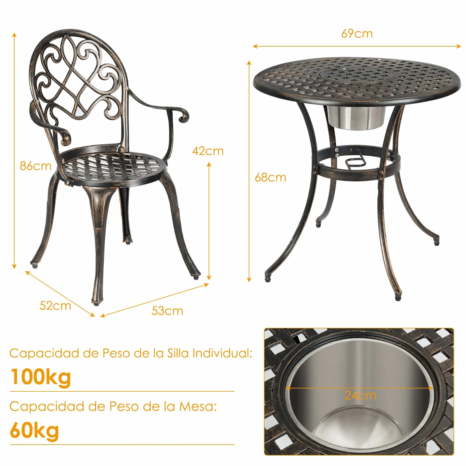 COSTWAY Juego de Mesa y Sillas de Bistró de 3 Piezas de Metal Fundido para Exterior con Mesa Redonda y Cubeta de Hielo