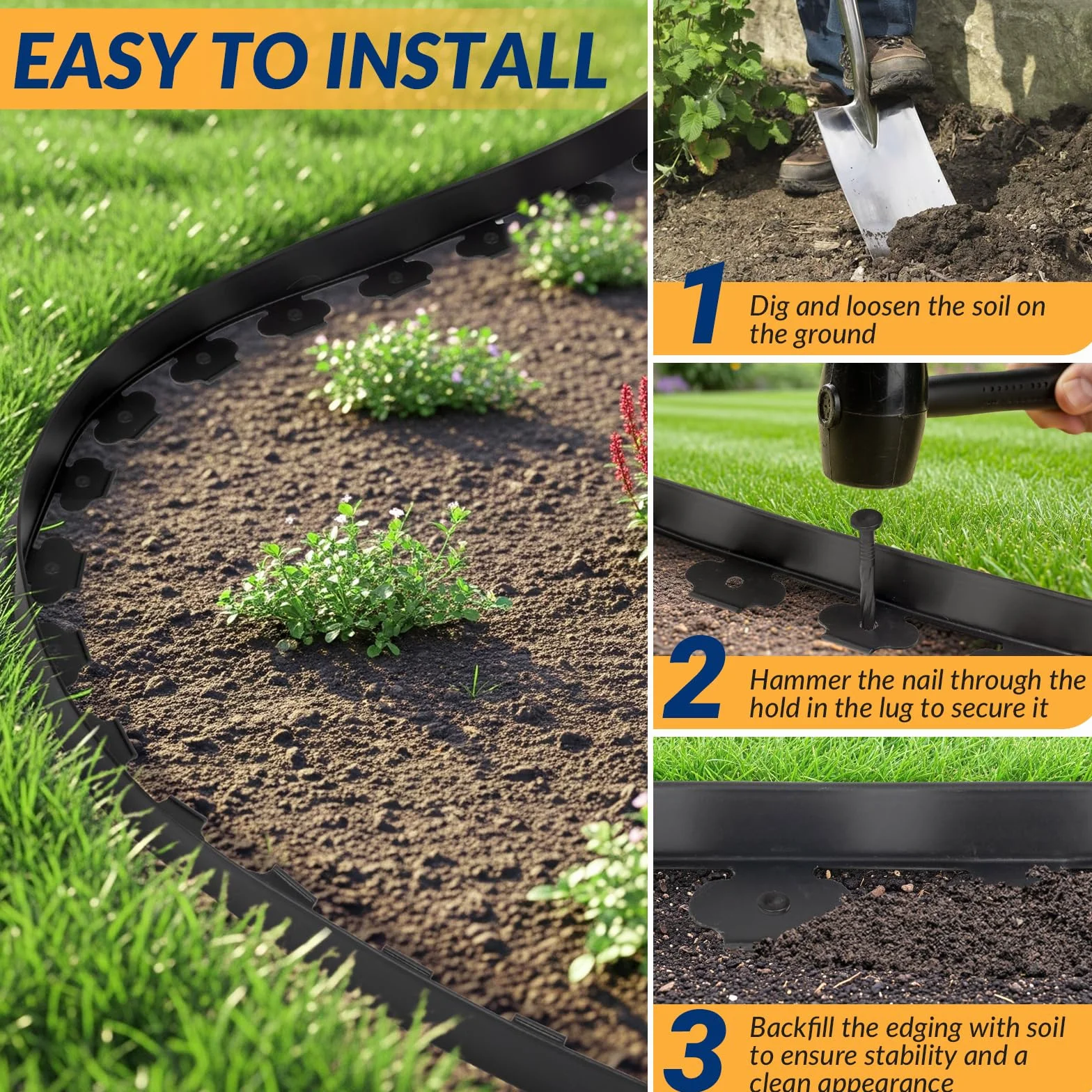 Velway Borde de Jardín Plástico Flexible 20 m 5 cm 60 Clavijas Delimitador Negro
