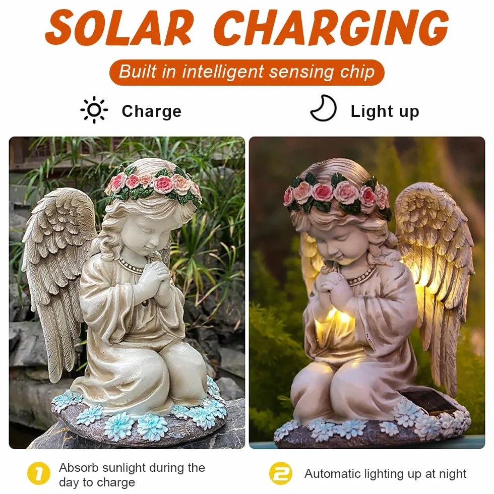 Estatuas Ángel Solar de Jardín IP44 Resistente Agua Luz LED Figura Ángel de la Guarda Orando Decoración