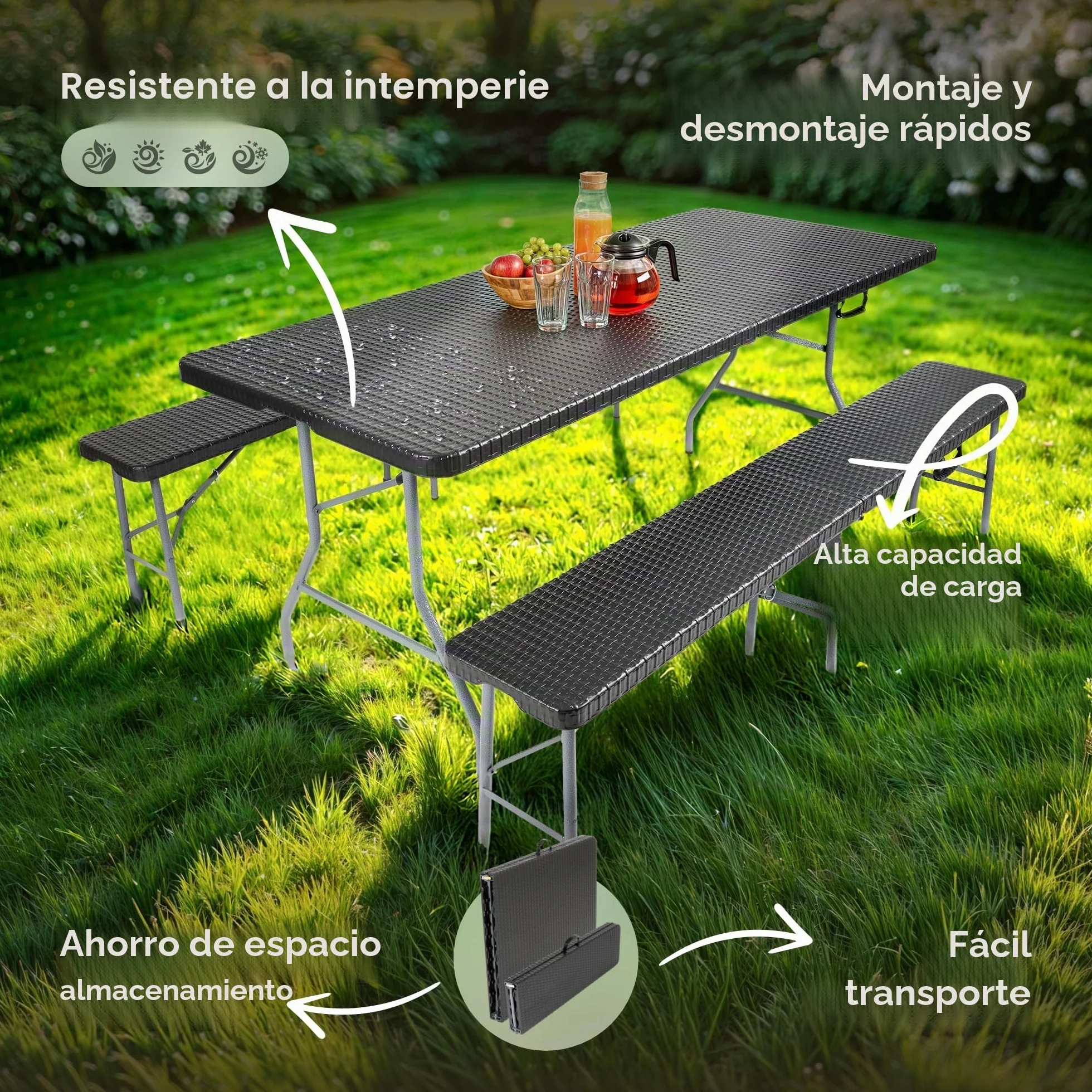 Arebos Mesa y Bancos 3 Piezas Plegables con Asa de Transporte Negro