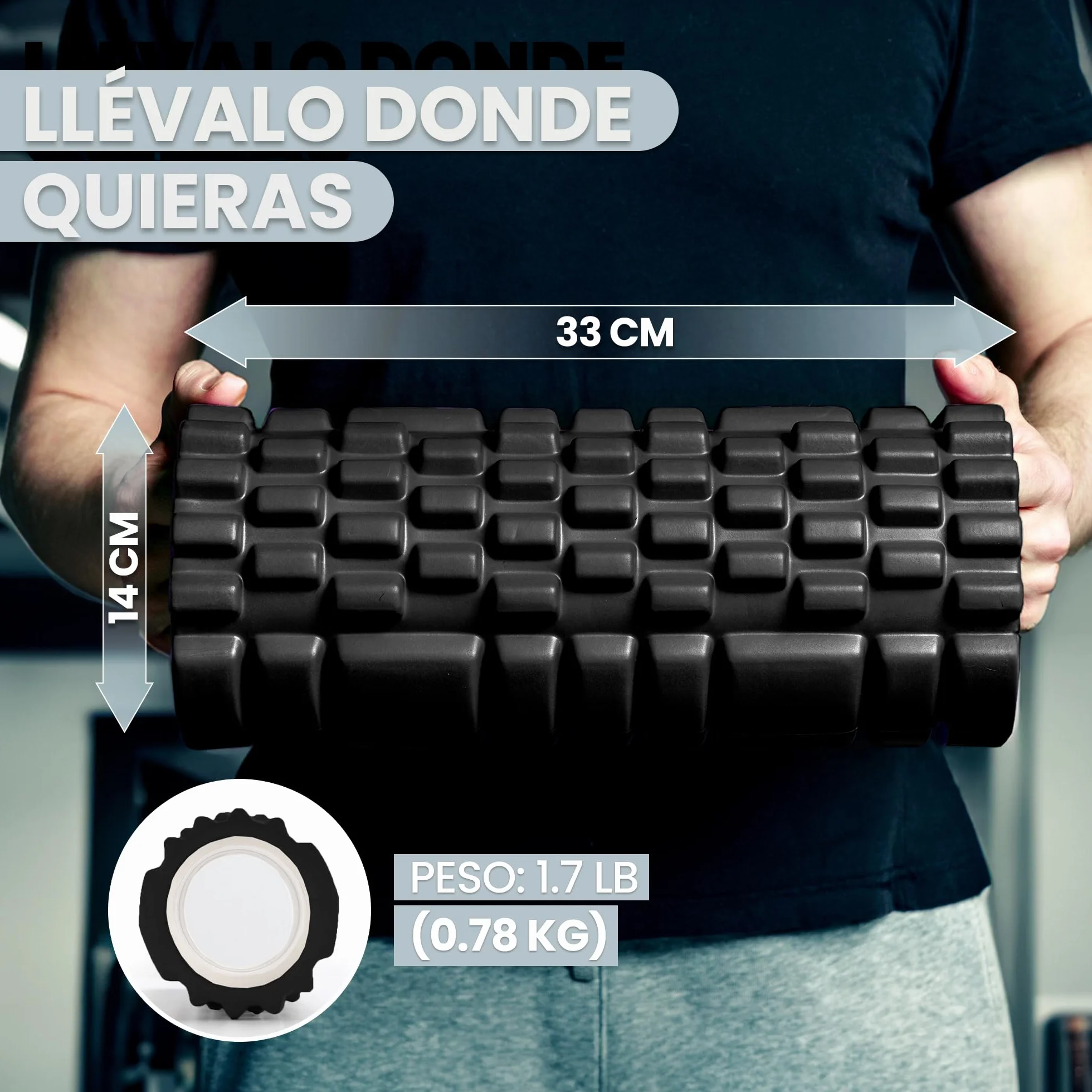 Rodillo para Masajes Musculares 33x14 cm Resiste 130 kg Foam Roller Dura Negro