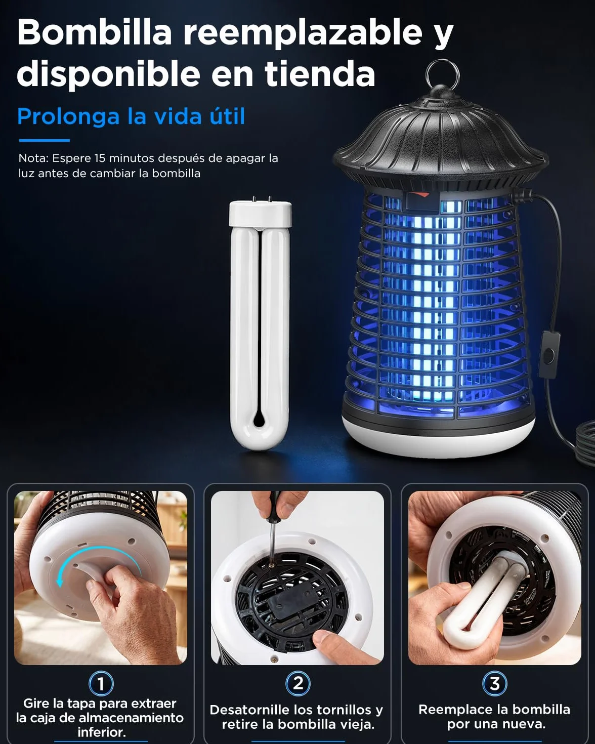 Lámpara Antimosquitos LED VIWAVE 4200V 15W UV Mata Mosquitos Eléctrico Exterior Interior IPX4 150m²