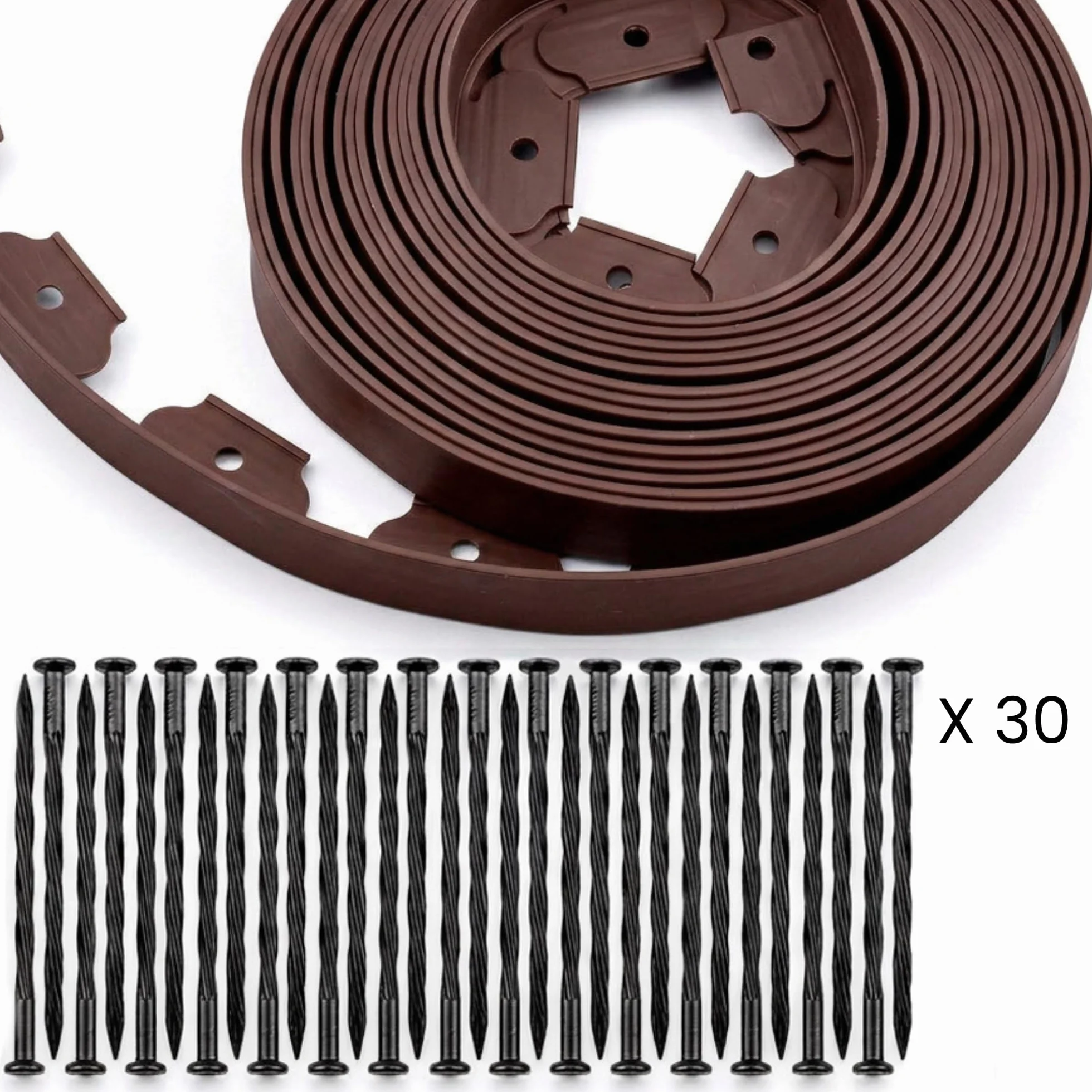 Bordura Jardín Exterior 10 m Flexible Borde Plástico Resistente 5 mm con 30 Piquetas Marrón