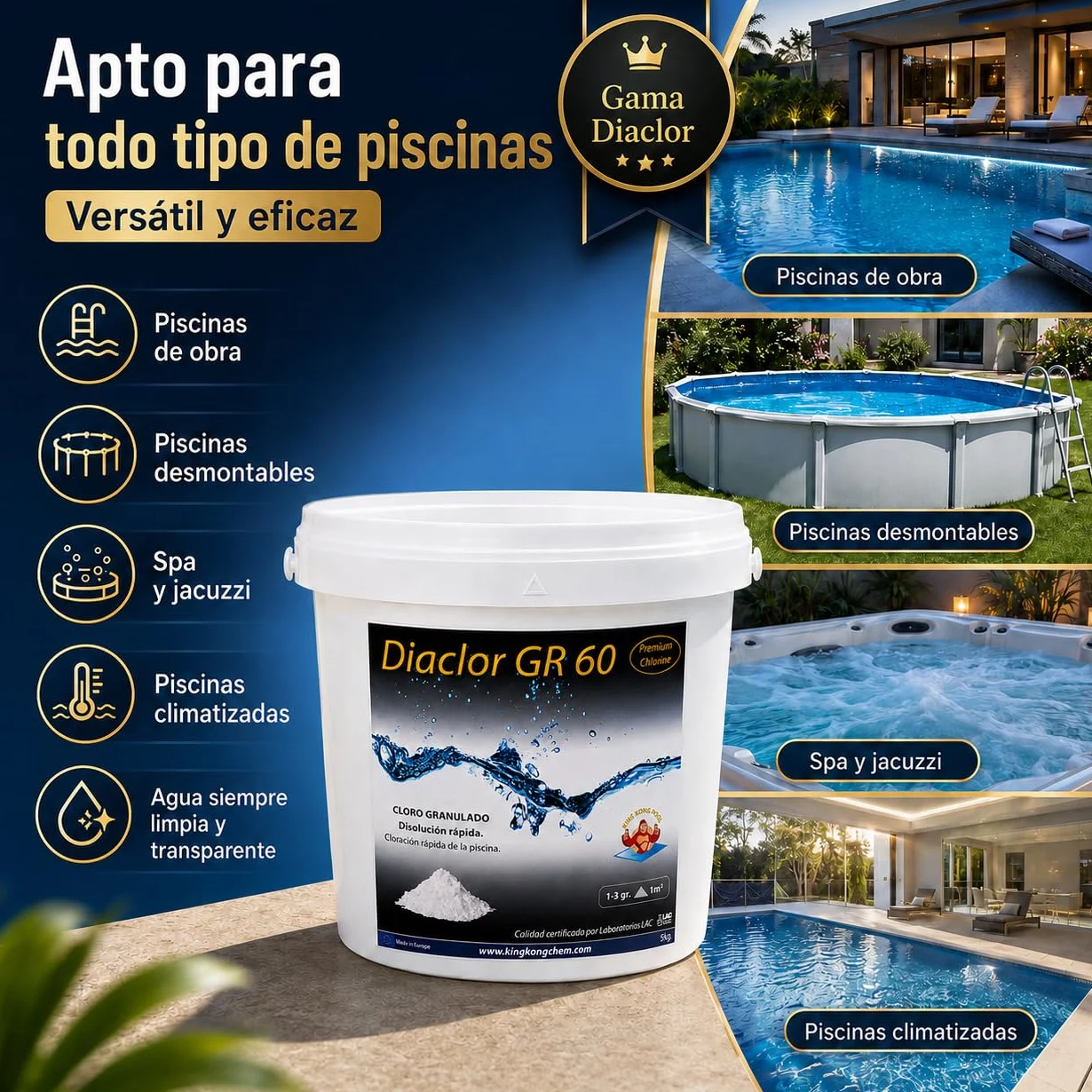 DIASA INDUSTRIAL Cloro Choque Disolución Rápida para Piscinas DIACLOR GR 60 5 KG Dicloro Granulado Puro