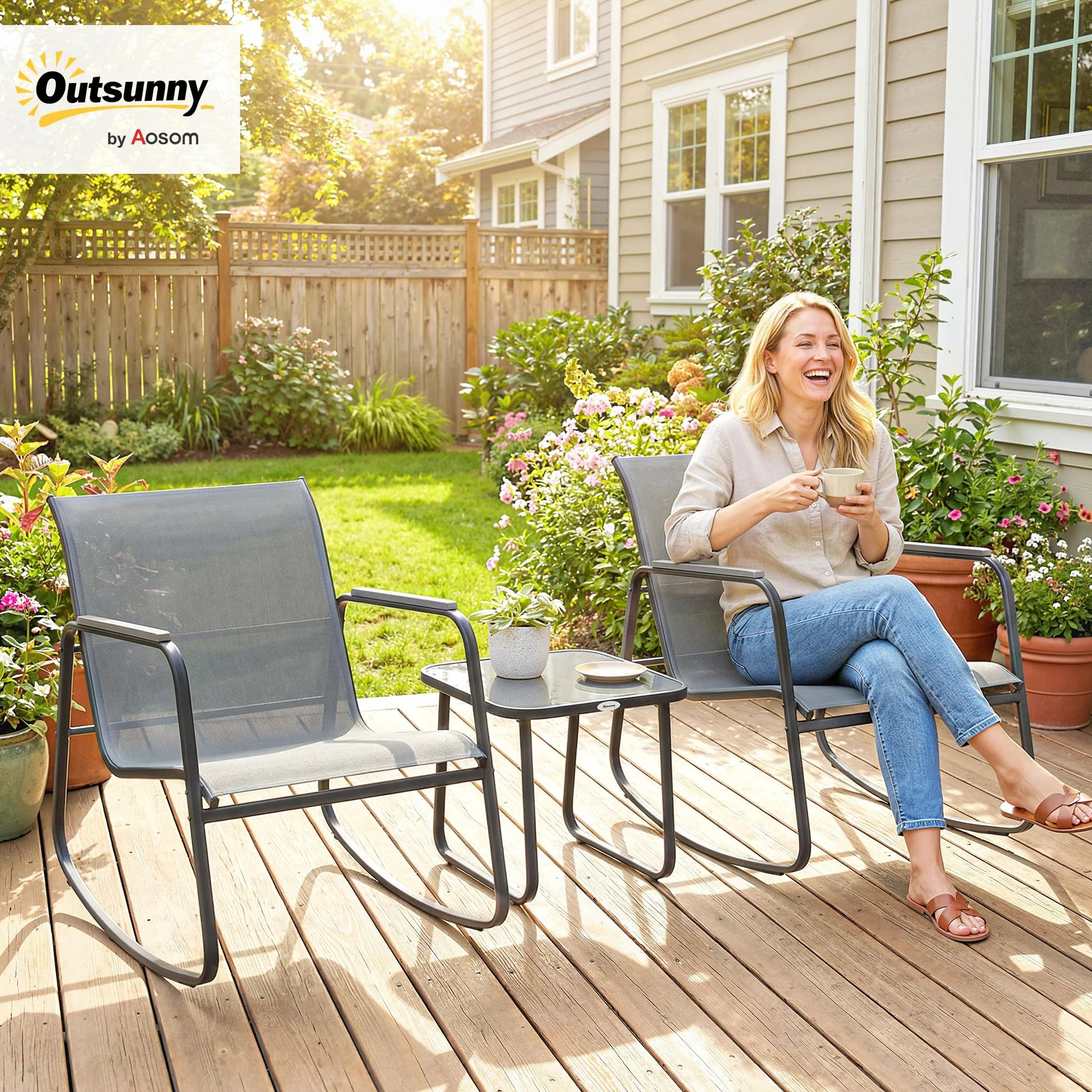 Outsunny Conjunto de Mesa y Sillas de Terraza Exterior 3 Piezas, Muebles de Jardín con 2 Sillas Mecedoras, Mesa de Vidrio y Acero, Gris