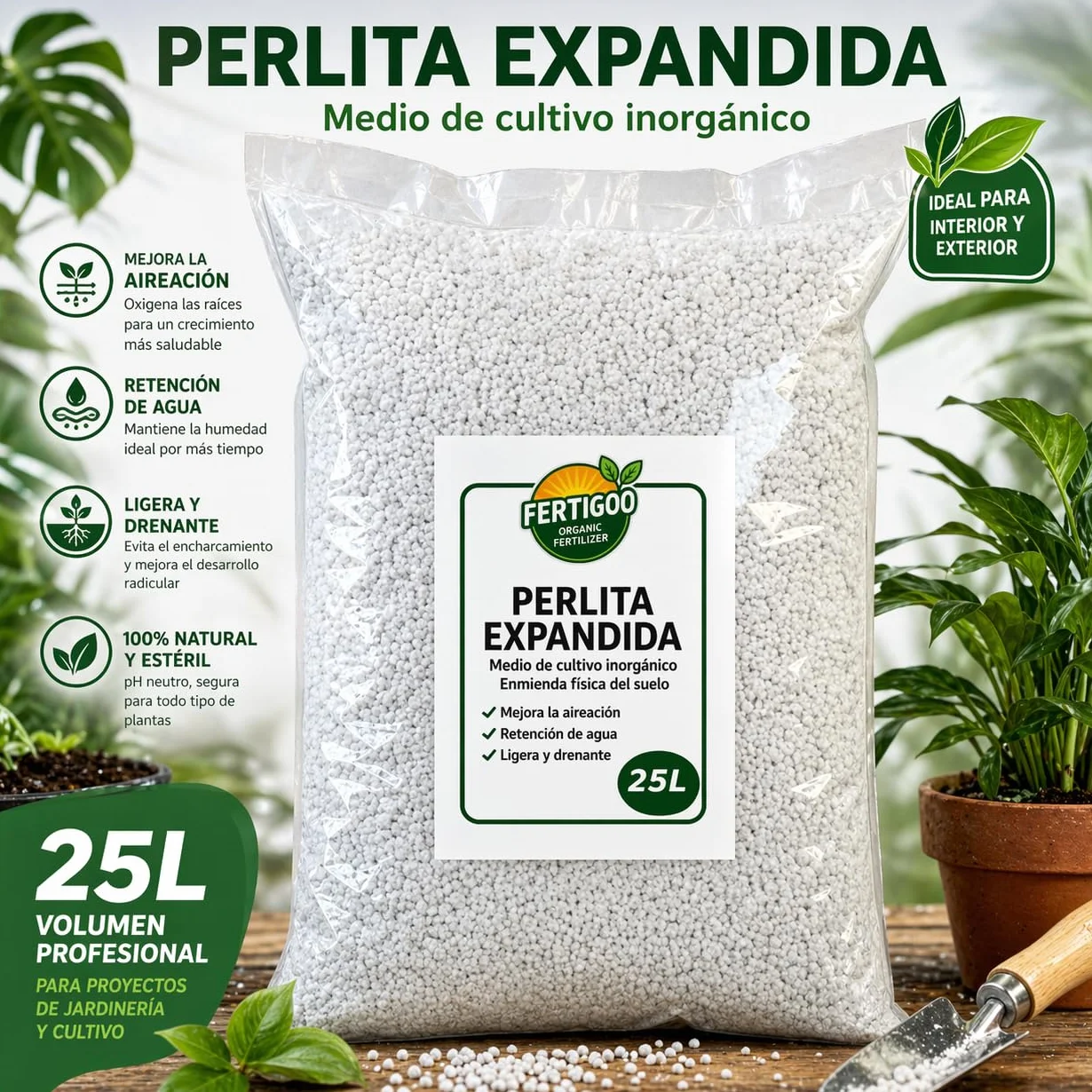 Fertigoo® Perlita 25L Granulometría Gruesa 3-6mm Baja Polvosidad Alta Aireación y Drenaje