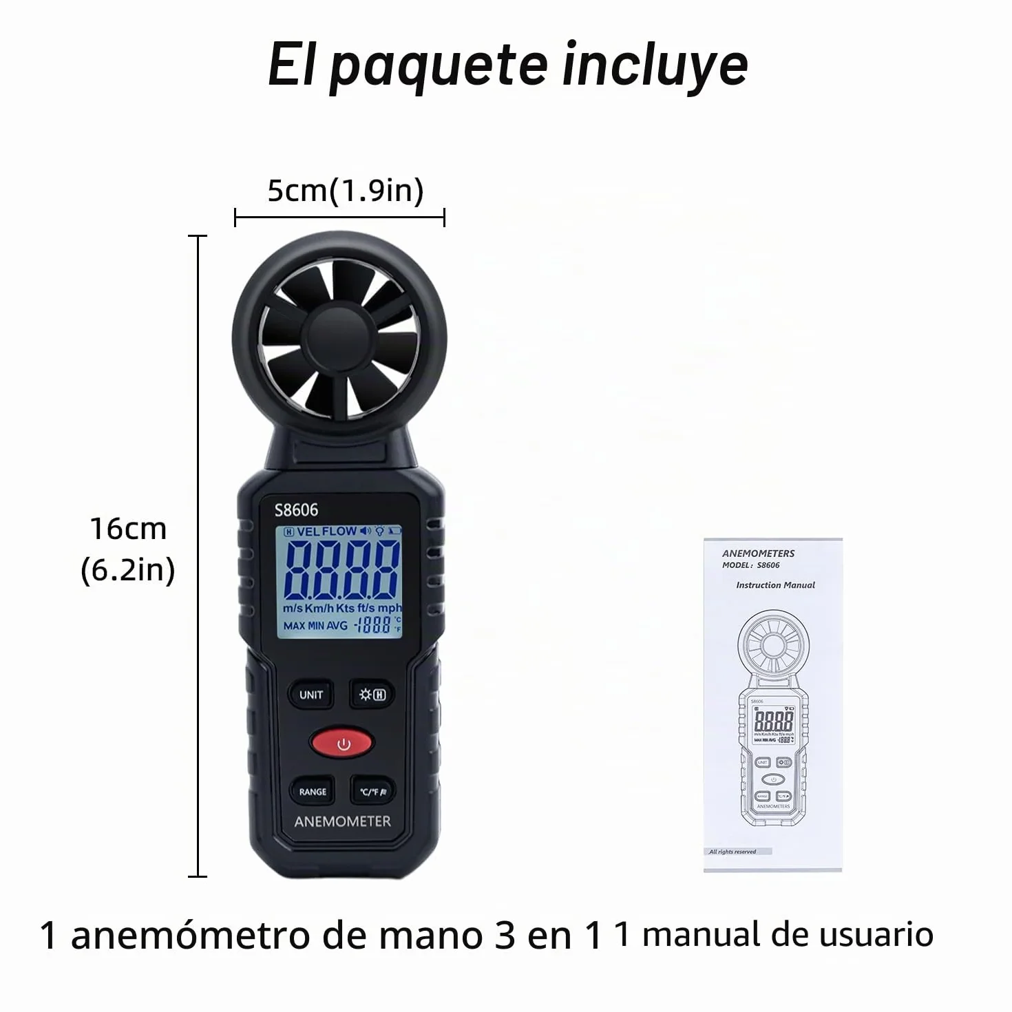 Anemómetro Portátil Digital 3 en 1, Medidor de Velocidad del Viento con Temperatura y Windchill