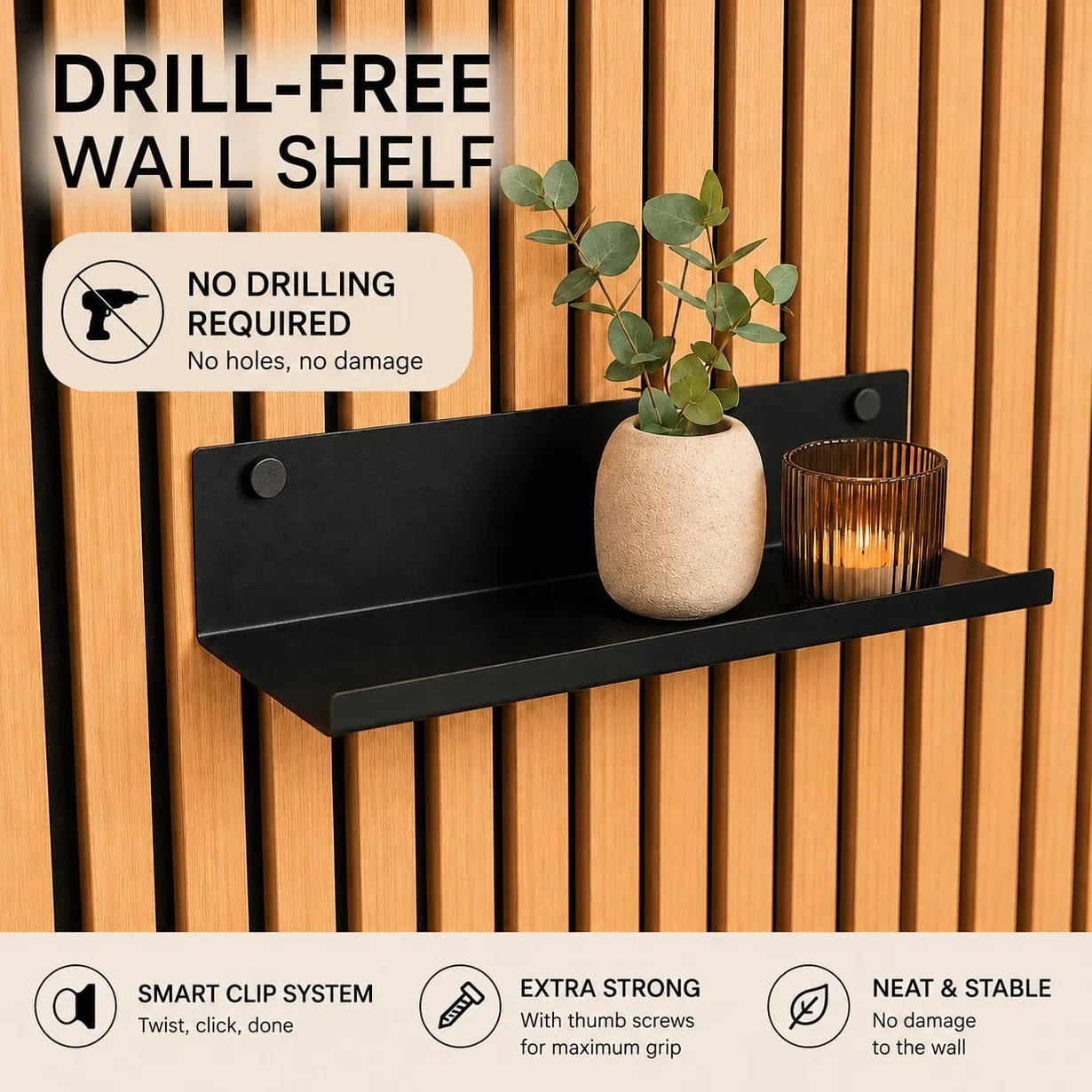 Estante De Pared para Paneles Acústicos Metal Ancho 30,4 Cm No Requiere Taladros