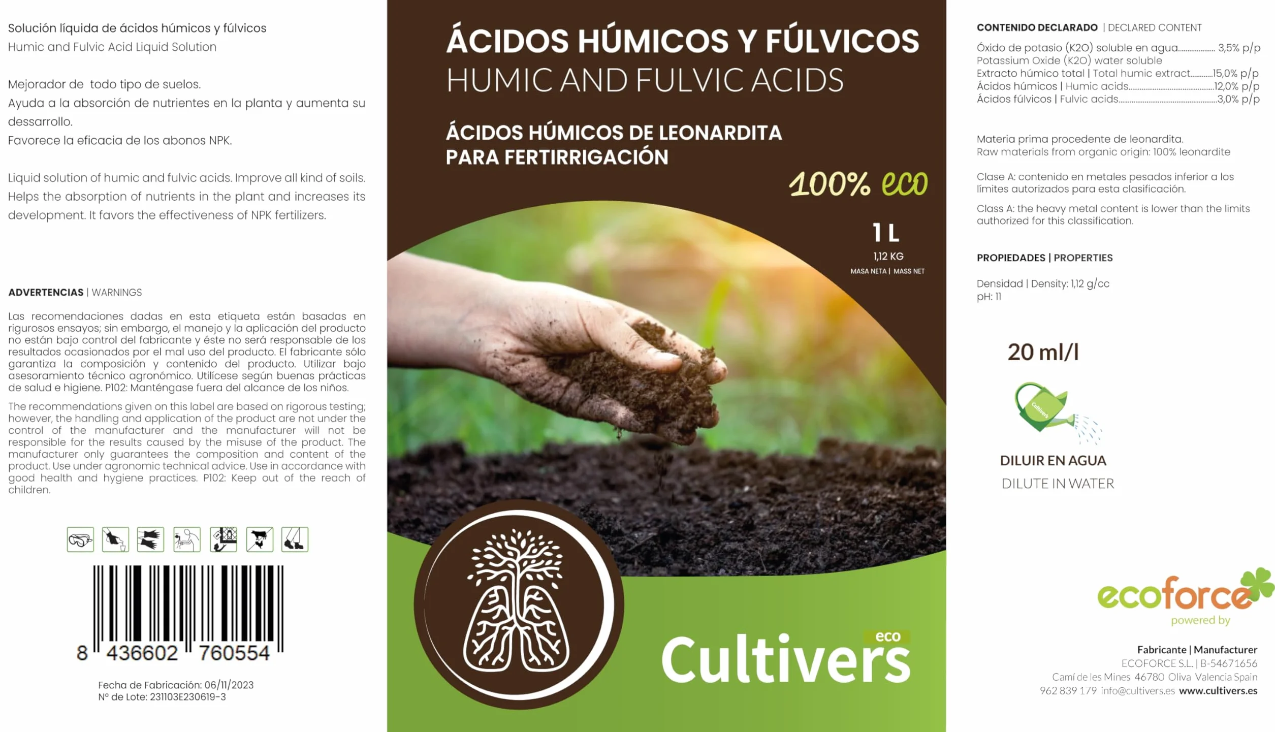 CULTIVERS Abono Ácidos Húmicos y Fúlvicos 5L Fertilizante Leonardita