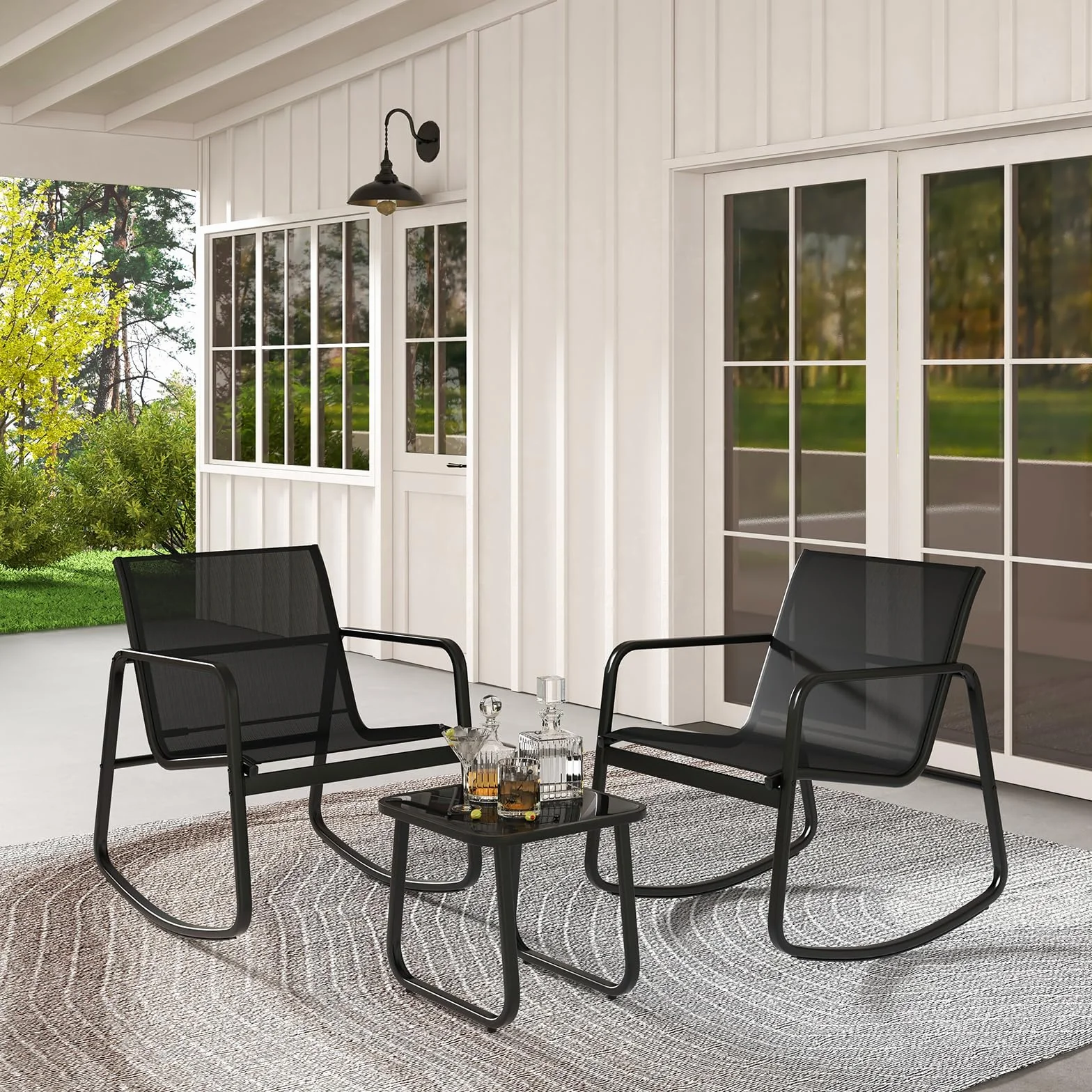 KOMFOTTEU Juego de Muebles de Jardín de 3 Piezas, Sillas Mecedoras de Textileno y Mesa de Cristal