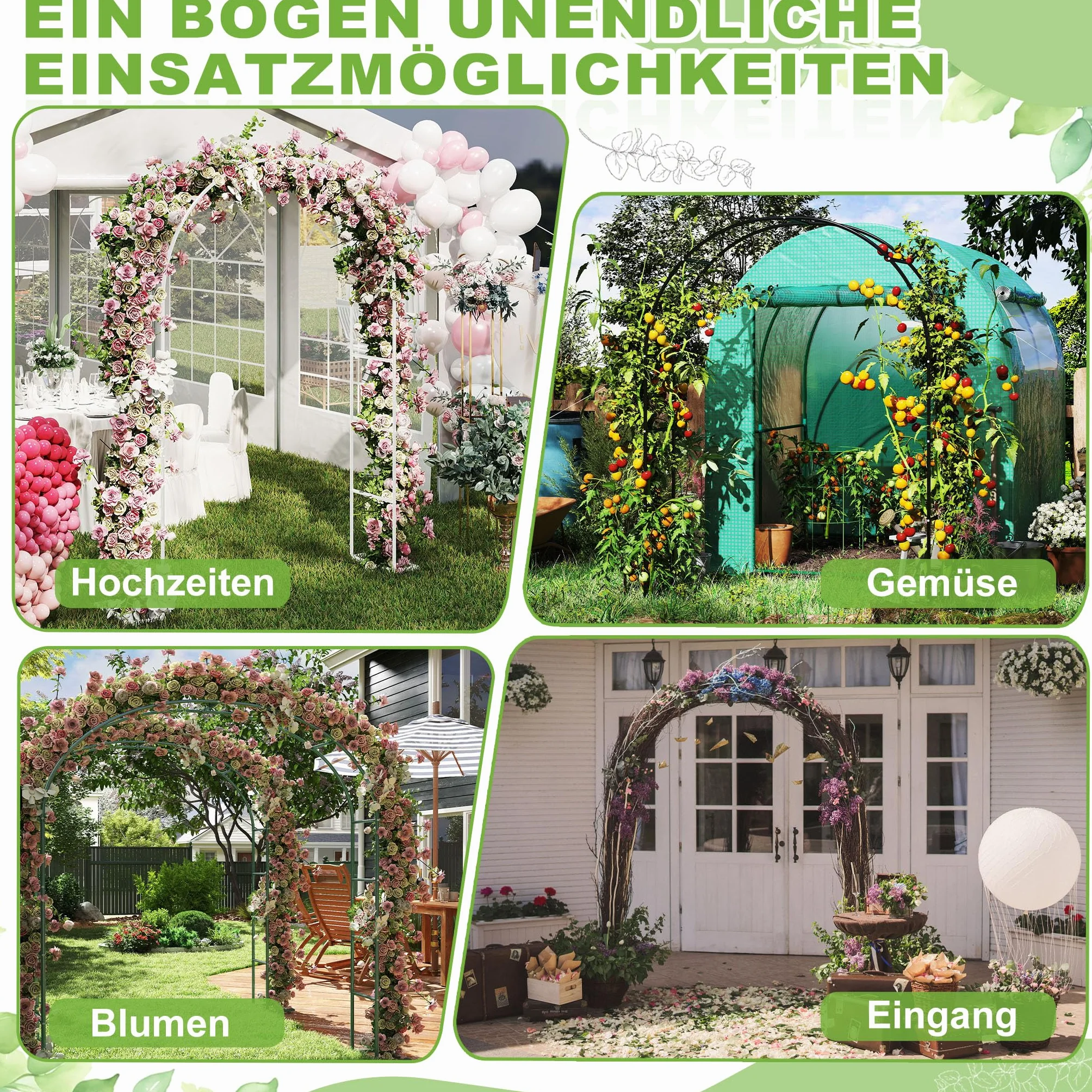FIVMEN Arco para rosas de metal 240 x 192 x 38 cm resistente a la intemperie verde