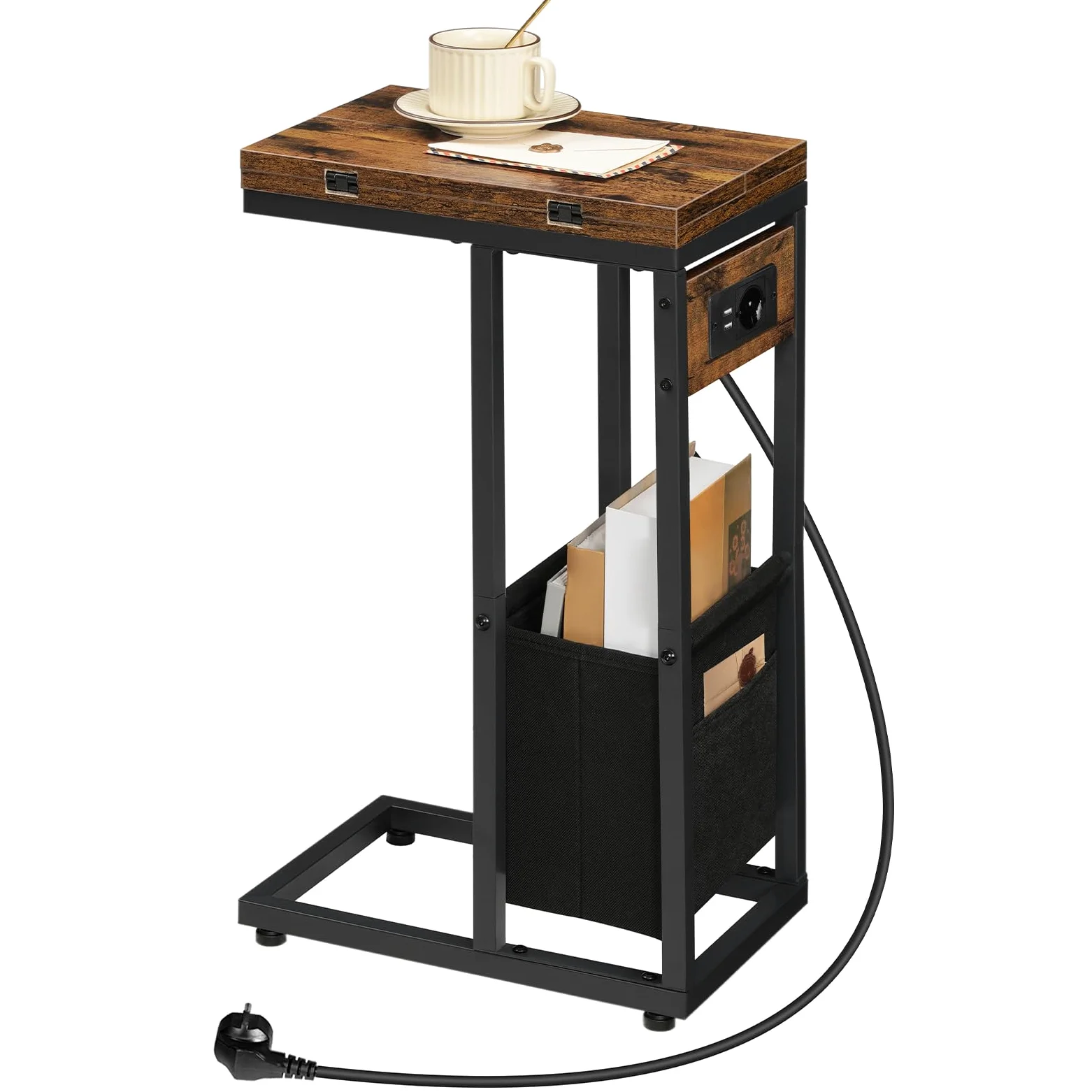 HOOBRO Mesa de Centro Plegable en Forma de C, Vintage Marrón y Negro | Base de Carga, Bolsa de Tela, Para Espacios Reducidos, Fácil Montaje, EBF30CSF01