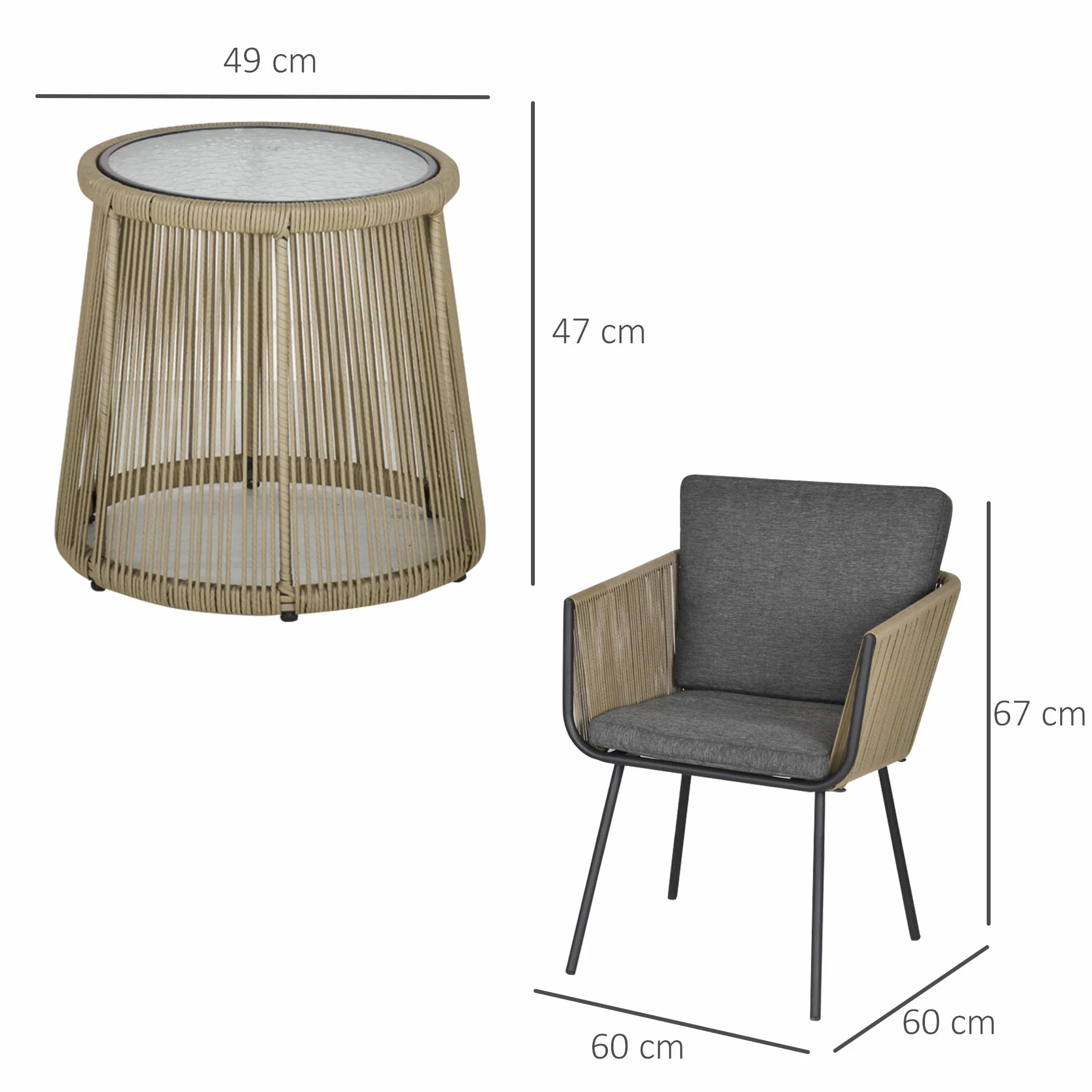 Outsunny Conjunto de Jardín 3 Piezas Silla y Mesa Ratán Cojines Vidrio Balcón Terraza Gris