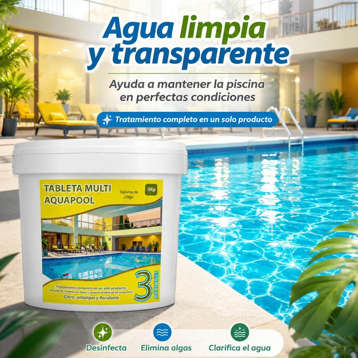 Pastillas de Cloro multifunción 200 Gramos 3 acciones 5 KG - Apto para Liner no Contiene Cobre