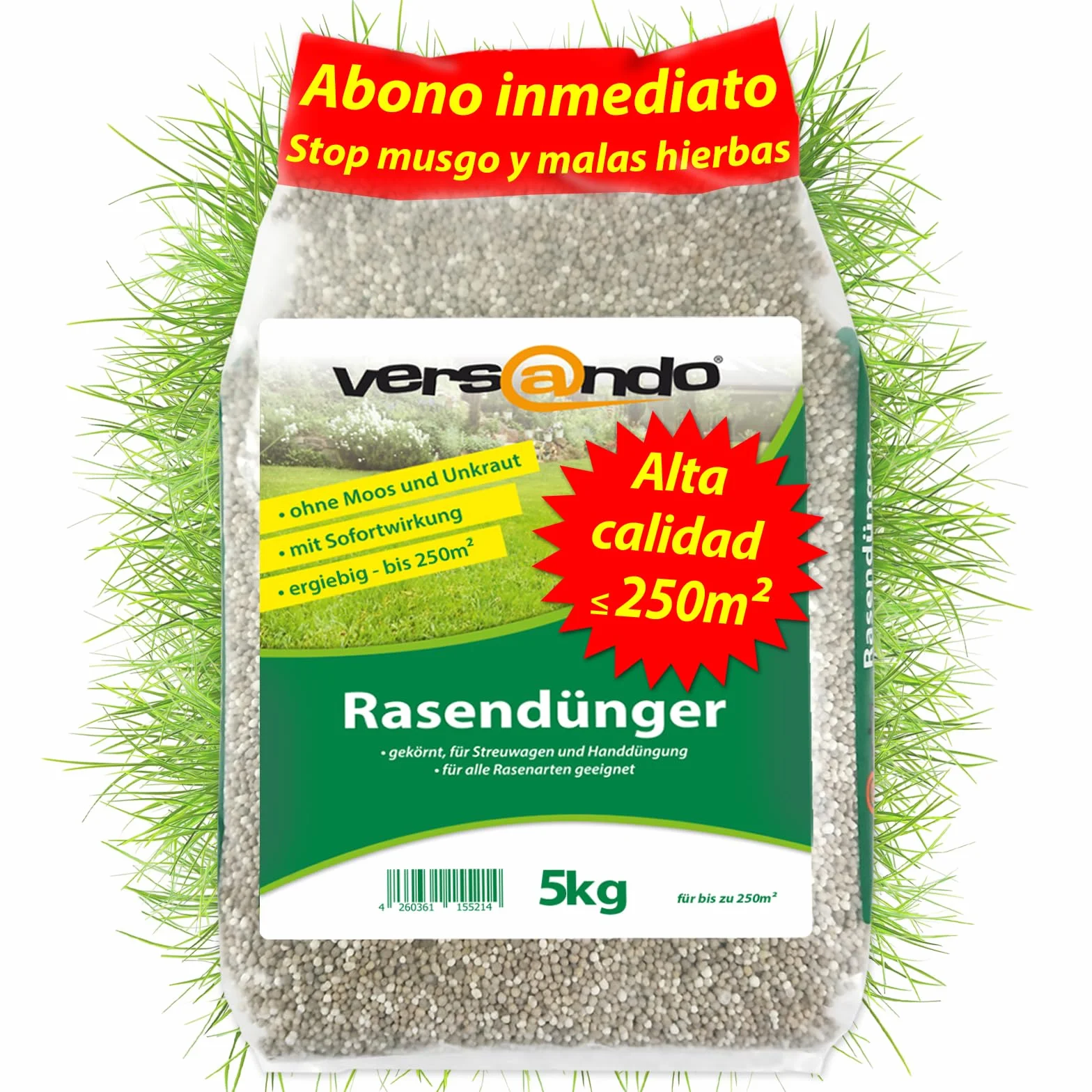 Versando Abono para Césped Verano 5kg 250m² Desplaza Musgo y Malas Hierbas