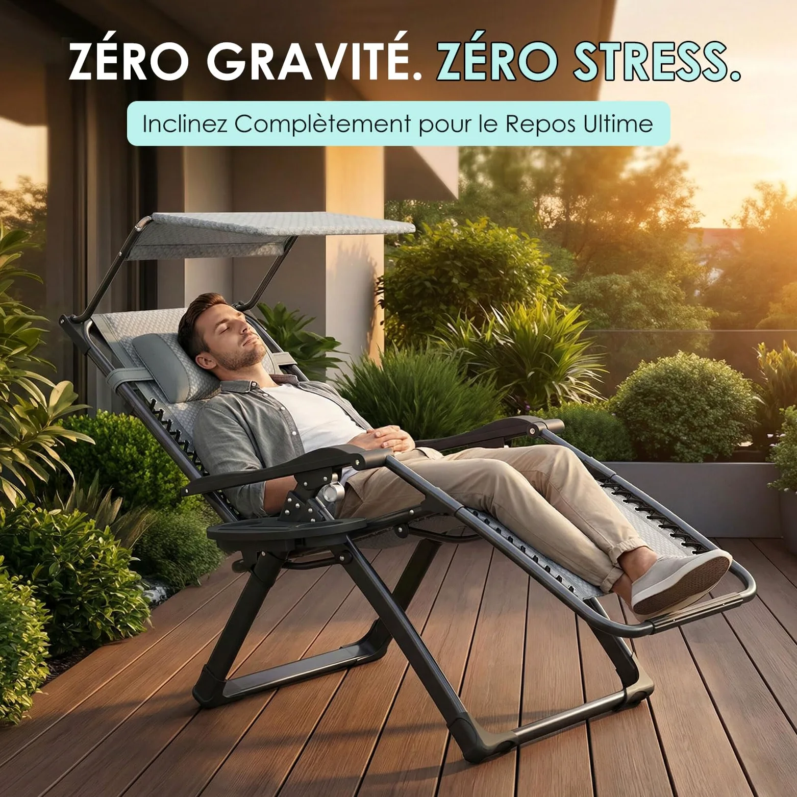 ATORPOK acolchado Zero Gravity Lounge Chair – Inclinación de Patio Plegable con toldo ajustable, reposacabezas y portalámparas para patio trasero, borde de piscina y playa (Gris)
