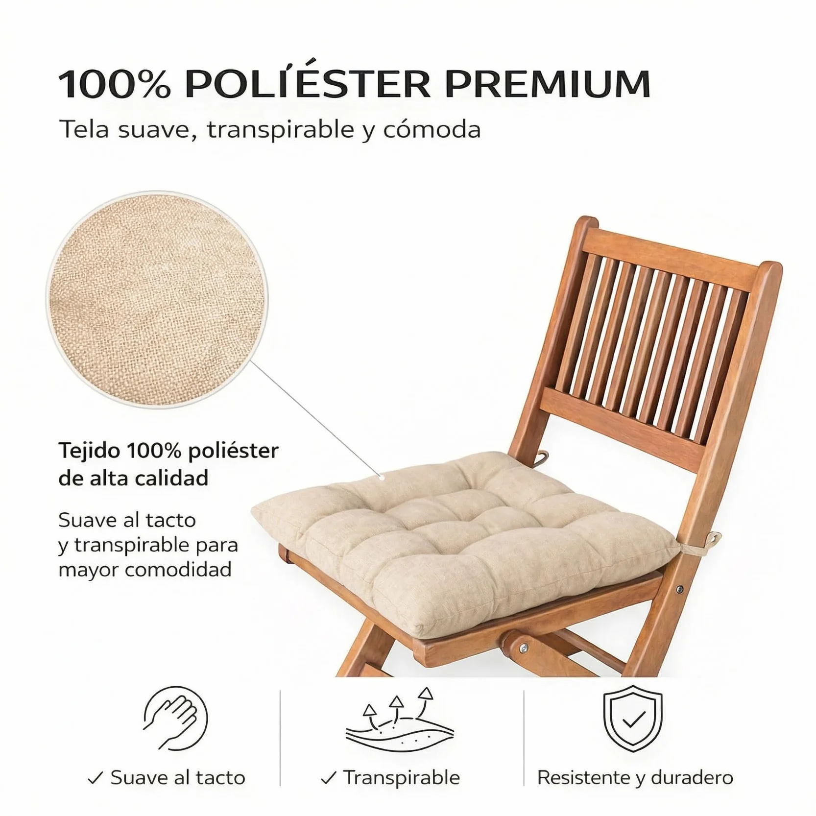 Cojines para Silla 40x40x5 cm Pack 4 con Cintas de Sujeción y Relleno Firme Beige