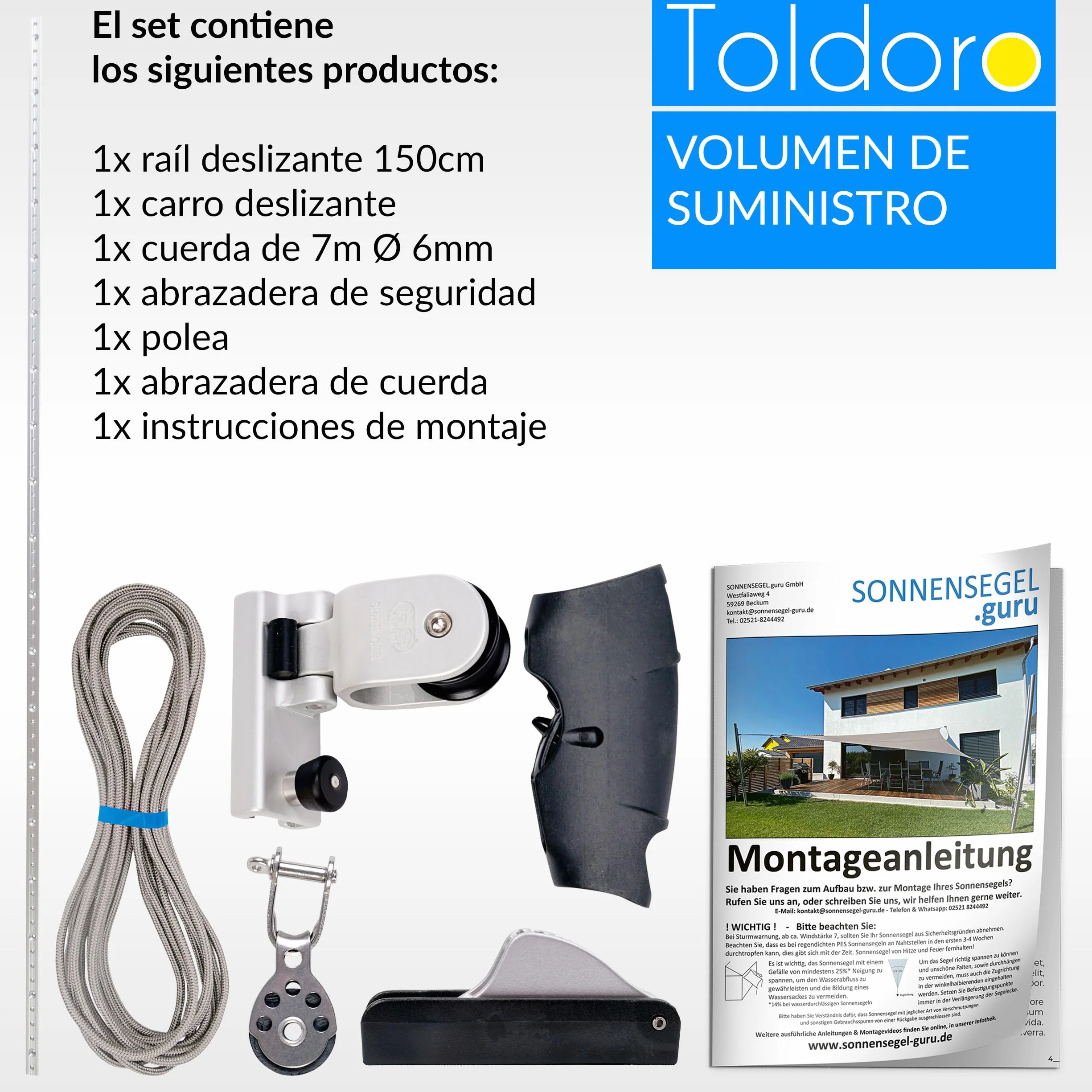 Toldoro® Set de ajuste de altura para toldos para postes, postes y postes de madera/toldo, polea de polea inoxidable y duradero