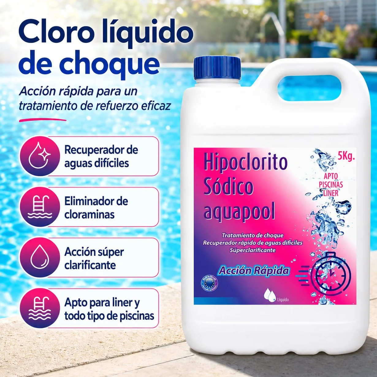 AQUAPOOL Cloro Choque Líquido Clarificante HIPOCLORITO SÓDICO 15% 6 KG 5 litros
