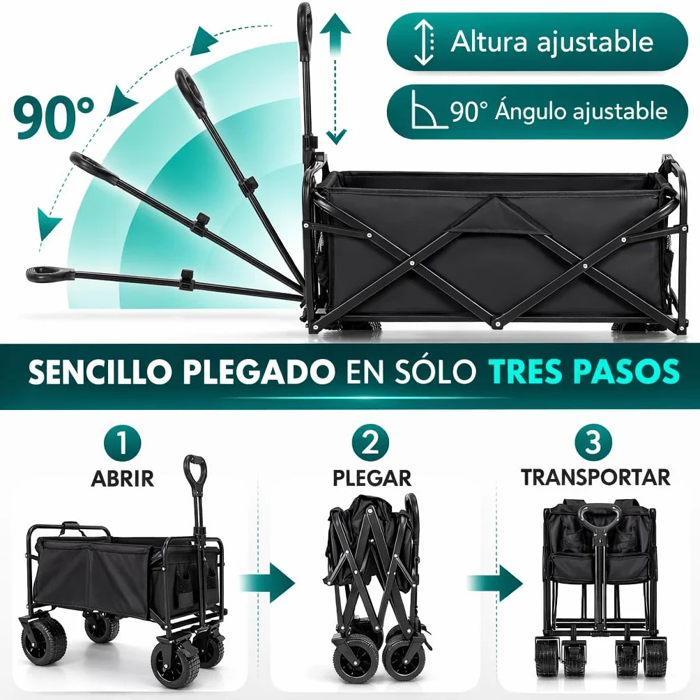 Carro de Mano Plegable con Ruedas Grandes Todoterreno 150kg Asa Ajustable Multiusos