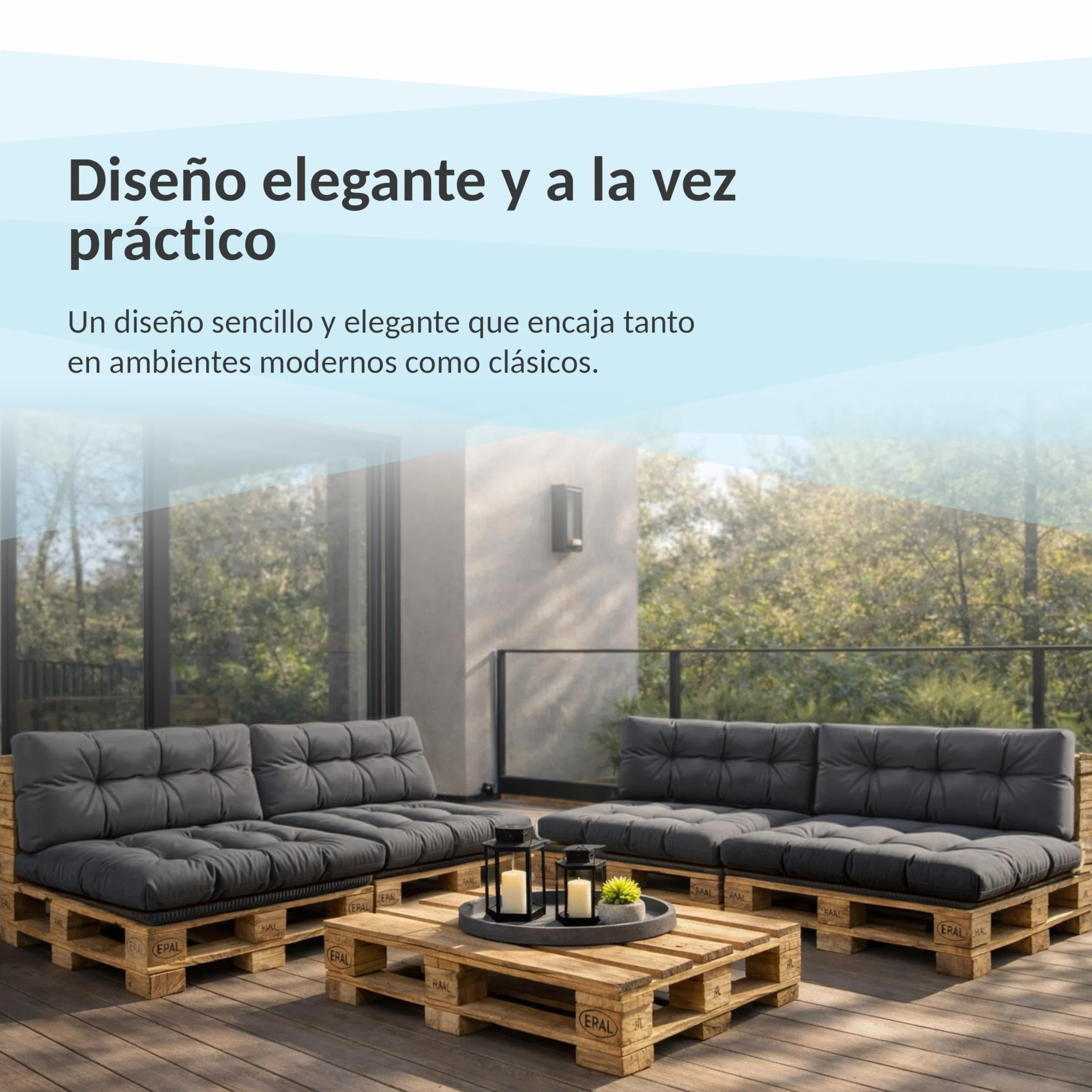 POKAR Set de 2 Cojines para Palets Impermeable 120x80 + 120x40 Gris Oeko-Tex