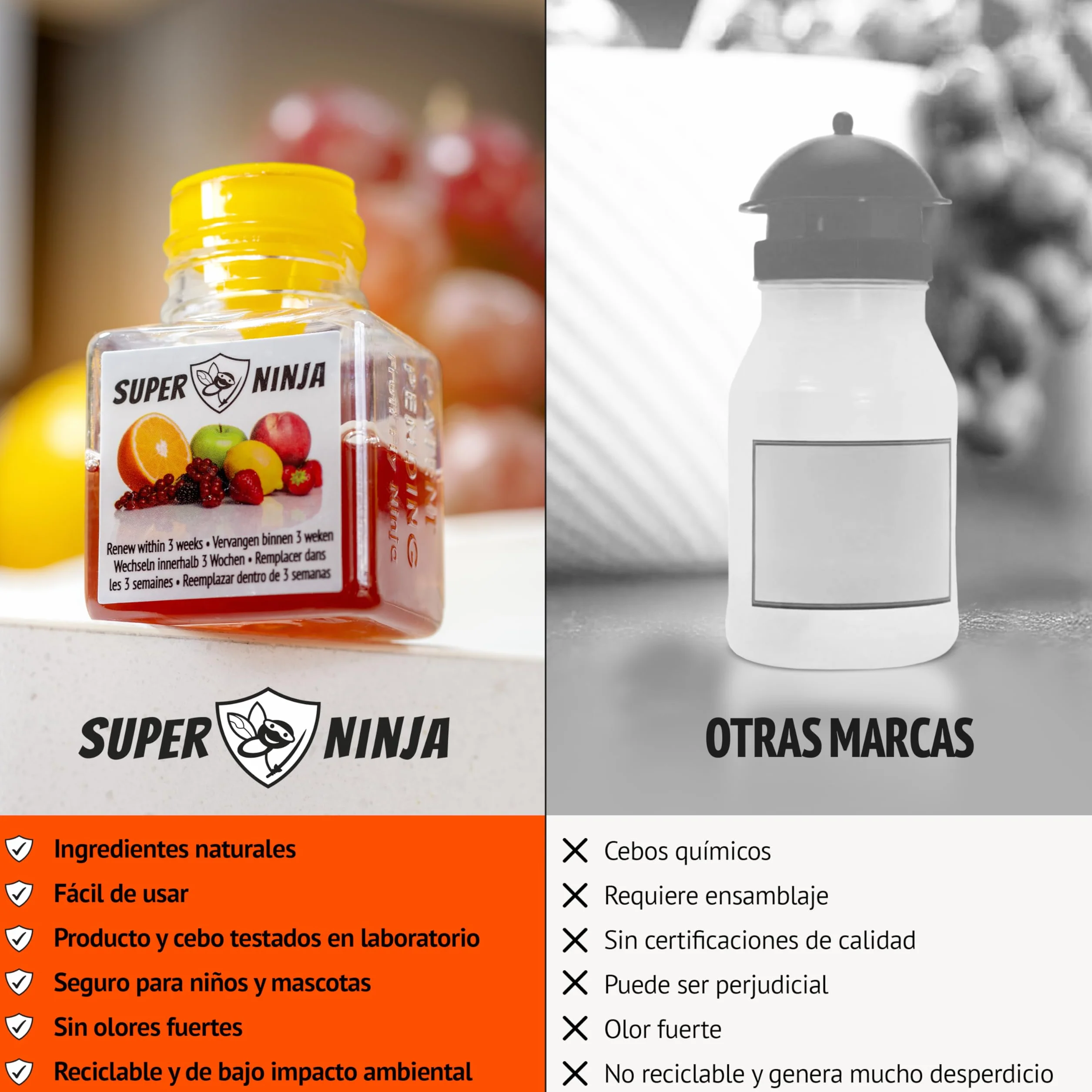 Trampas para Moscas de la Fruta Pack 2, Trampa para Moscas Interior Hogar Cocina, Cebo Líquido Eficaz 3 Semanas