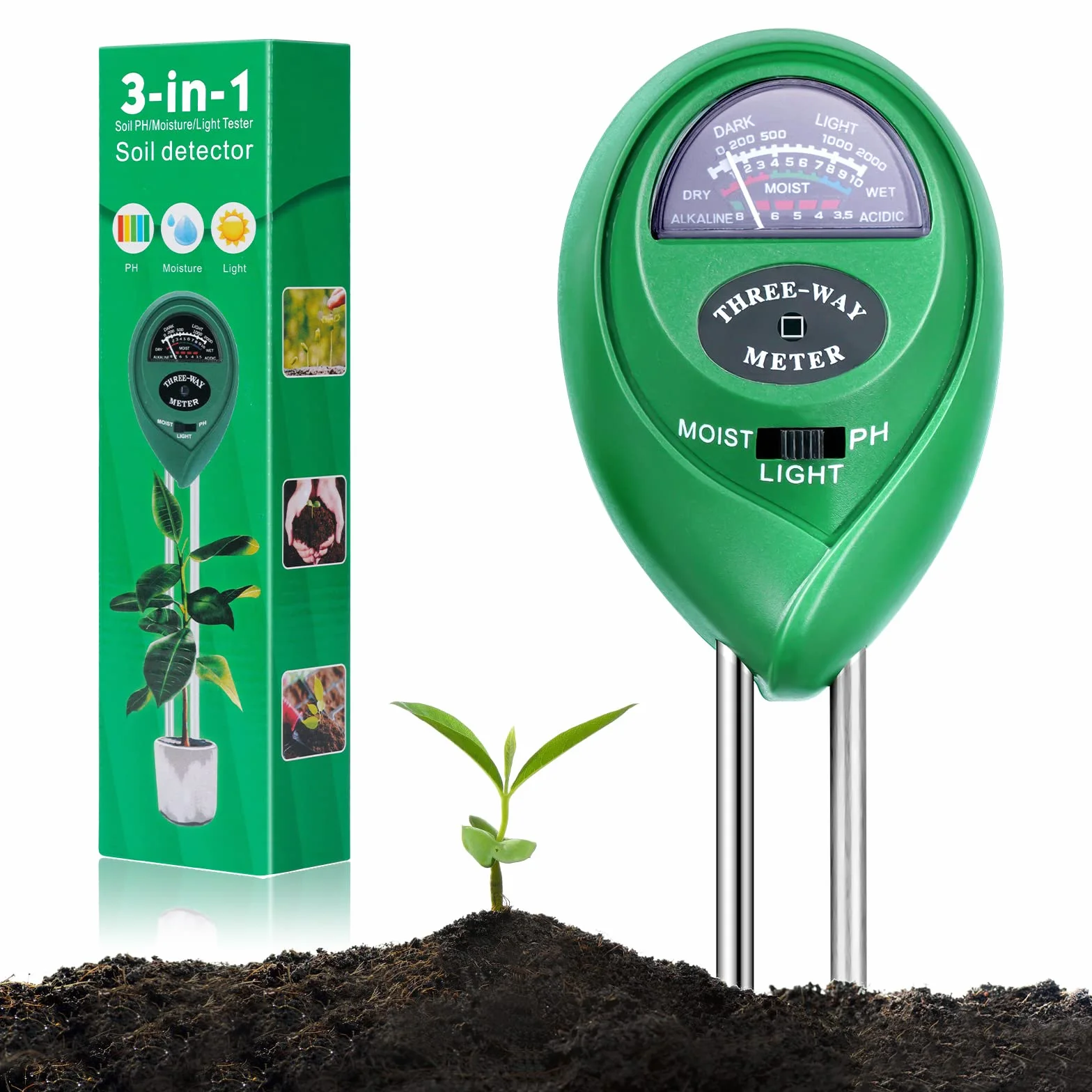 Flintronic Medidor de Humedad del Suelo 3 en 1, Probador de Suelo con pH, Luz y Humedad, para Jardín