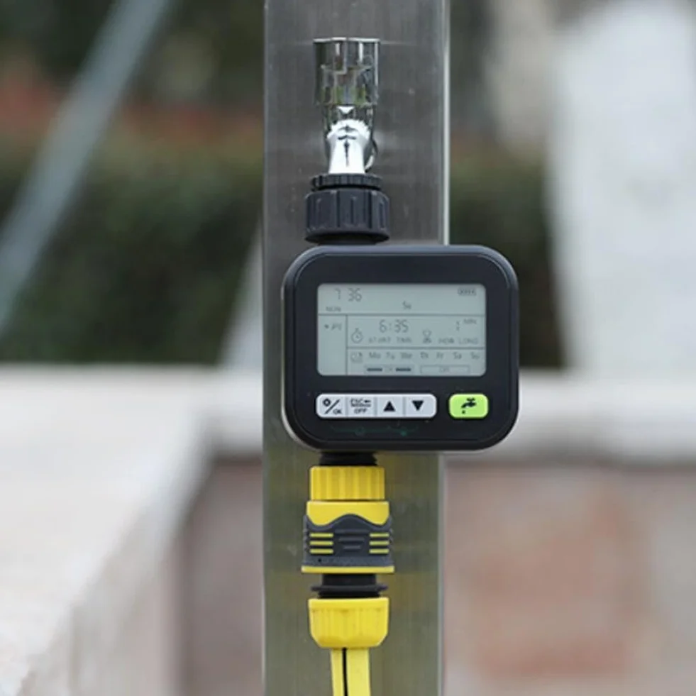 Temporizador de riego de jardín con sensor de lluvia, IPX5 impermeable, pantalla LCD