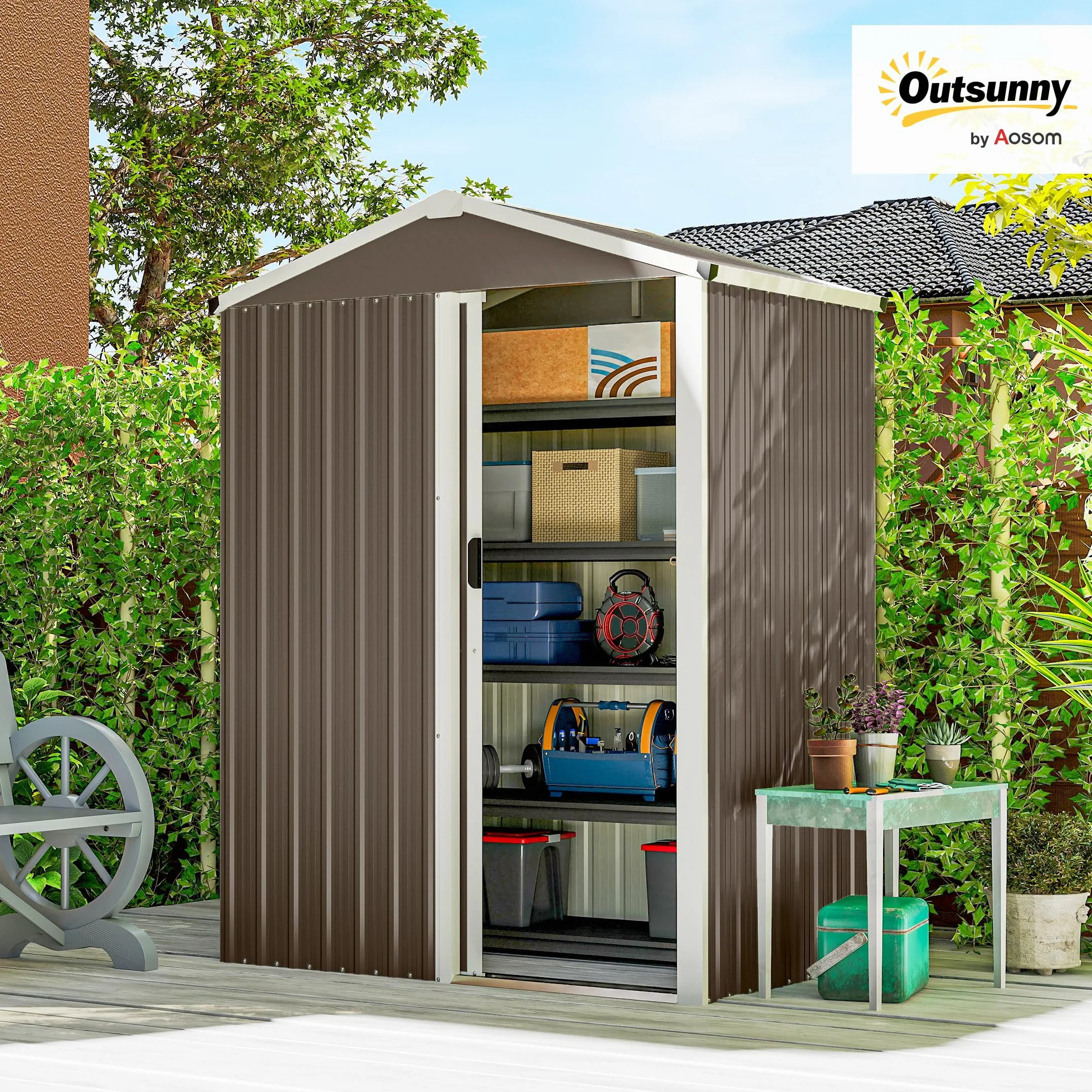 Outsunny Caseta de Jardín Exterior 1,1 m² 136x87x179 cm Cobertizo Metálico con Puerta Corredera Techo Inclinado