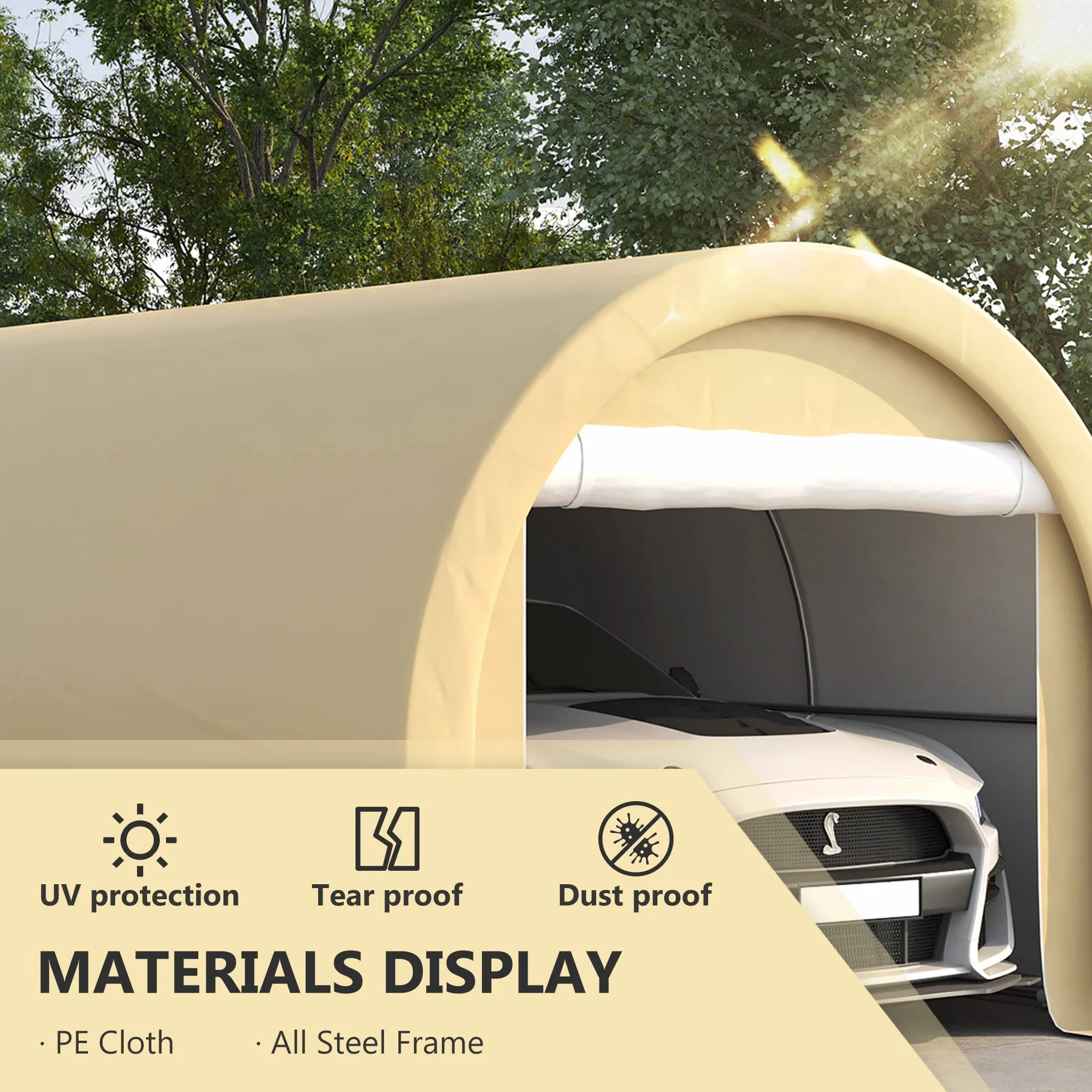 Outsunny Tente cochera 5L x 3l x 2,4H m Acero galvanizado PE Alta Densidad 190 g/m² Impermeable Anti-UV Beige