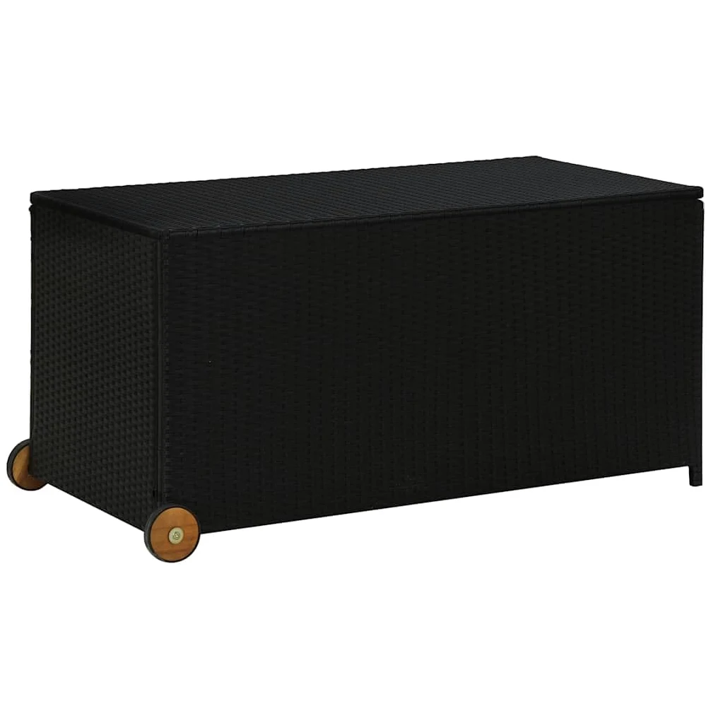 Caja acolchada negra de 120 x 65 x 61 cm, de ratán sintético resistente a la intemperie, con mango de madera, bolsillo interior impermeable y 2 ruedas para guardar almohadas y mantas