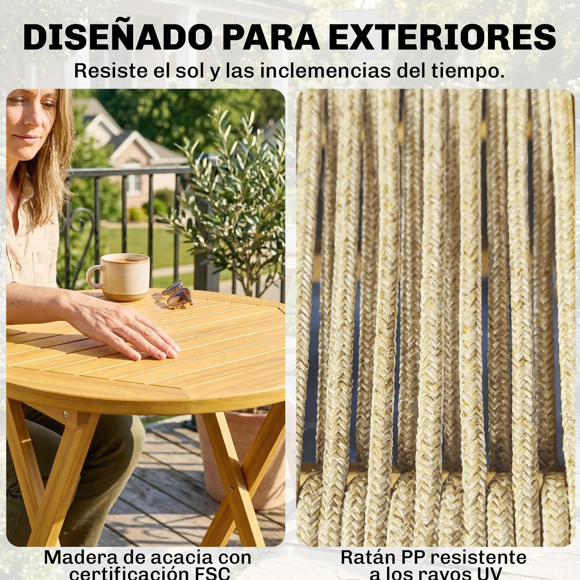 Outsunny Conjunto de Mesa y Sillas de Terraza Exterior de Madera 3 Piezas, 2 Sillas Plegables, Asiento Respaldo de Cuerda PP, Mesa Redonda para Patio