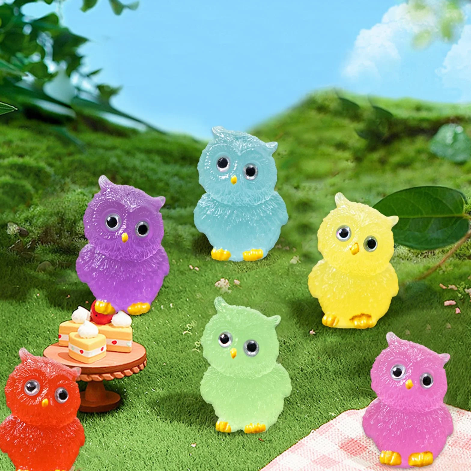 Mini animales luminosos, 30 unidades de mini búhos de resina, 6 colores, pequeñas figuras de búhos, figuras de resina, pequeñas adecuadas para casa de muñecas, paisaje, jardín, plantas
